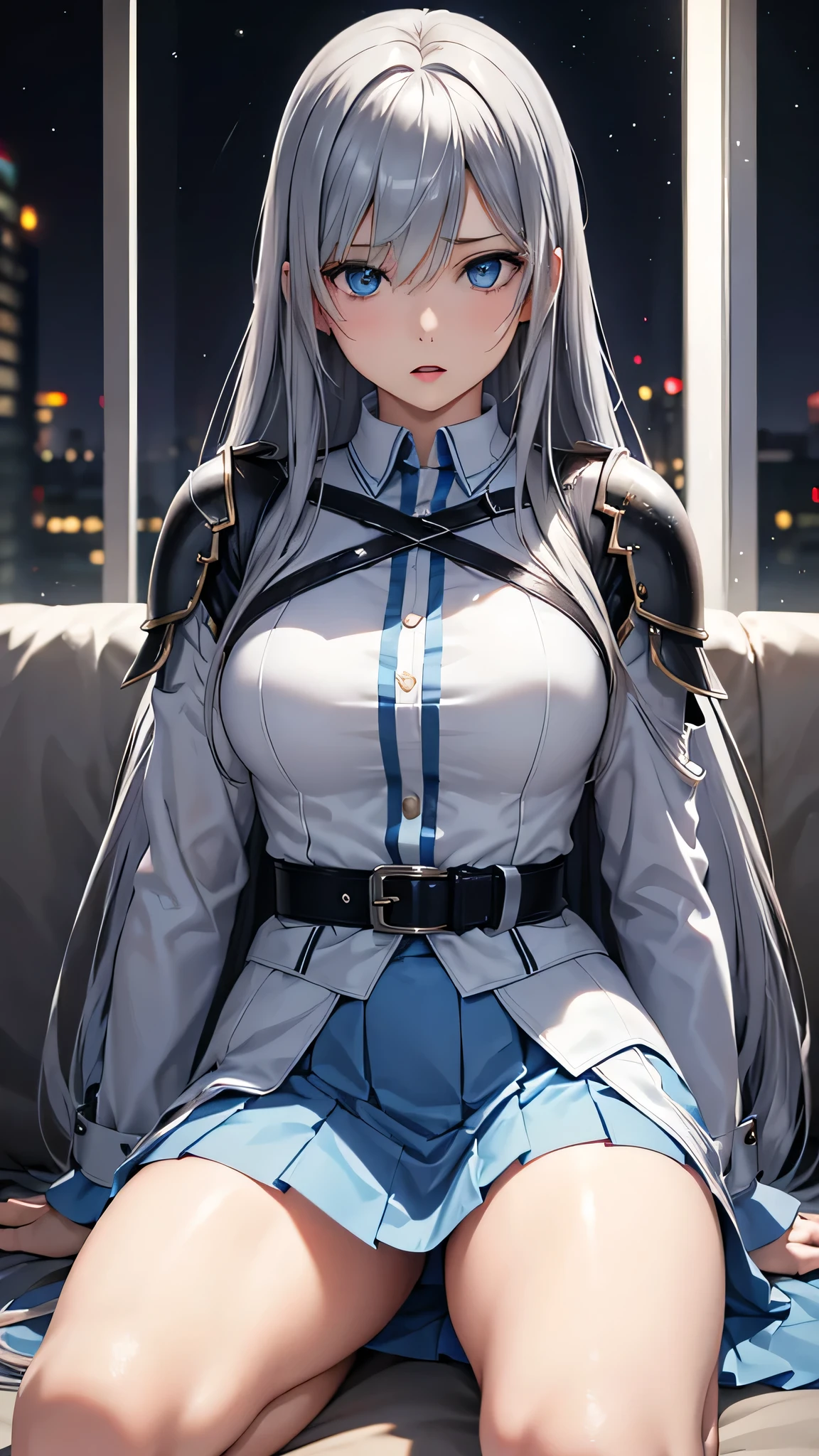  adult woman on the house, Alone,  sexy,8K resolution,((Best Quality)), ultra high resolution, ( grim expression), (Light blue eyes),  Beautiful Symmetrical Face , ( long silver hair ),coat,Light Armor ,skirt, Tactical Belts for Battle,Realistic:1.4,Realistic:1.4,(masterpiece:1.2), perfect eyes,Perfect Eyes, anatomically correct human body ,Perfect waist,Perfect thighs,(Open your mouth),Camp at night,Sit with your legs slightly open