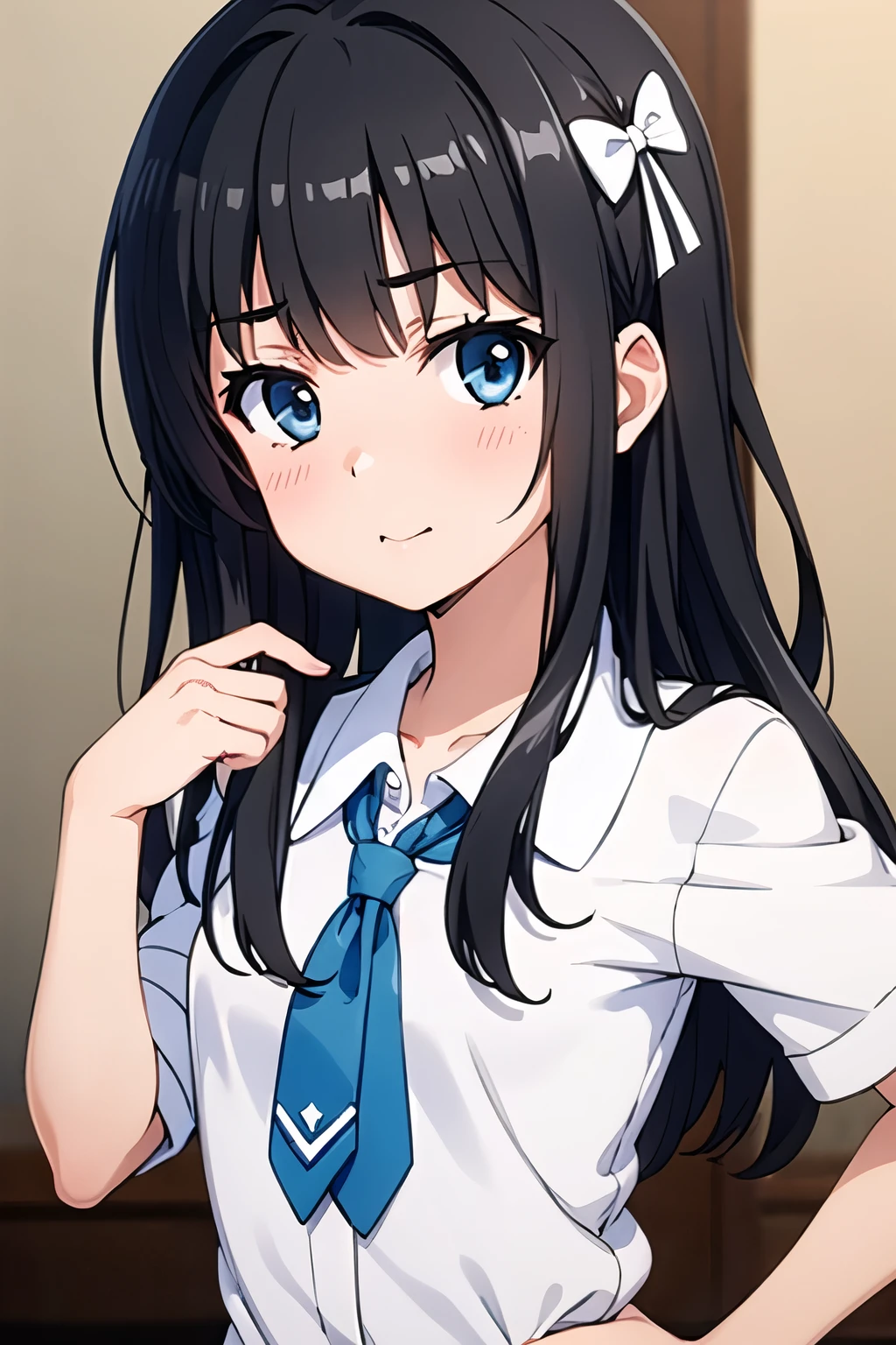 Dark black haired girl, Shiny, Light blue eyes, , cute little, Tie a white bow, White bow on her hair