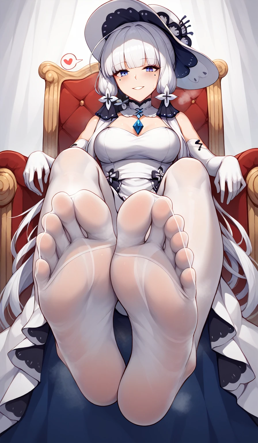 illustrious, blue eyes, hair ornament, hair ribbon, long hair, mole, mole under eye, white hair,
dress, elbow gloves, gloves, hat, ribbon, white dress, white gloves, white headwear, {{{{{white pantyhose}}}}}, Sitting at the throne, Low Angle, Foot Focus, Perfect feet, Anatomically correct, kind smile, spoken heart, {{{vulgarity}}}, breath, heavy breathing, breathless, foot sweat, foot perspired, foot humid, looking down at viewer,