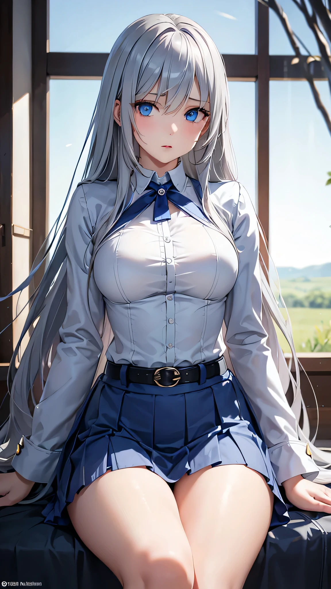  adult woman on the house, Alone,  sexy,8K resolution,((Best Quality)), ultra high resolution, ( grim expression), (Light blue eyes),  Beautiful Symmetrical Face , ( long silver hair ),coat,Light Armor ,skirt, Tactical Belts for Battle,Realistic:1.4,Realistic:1.4,(masterpiece:1.2), perfect eyes,Perfect Eyes, anatomically correct human body ,Perfect waist,Perfect thighs,(Open your mouth),Camp at night,Sit with your legs slightly open