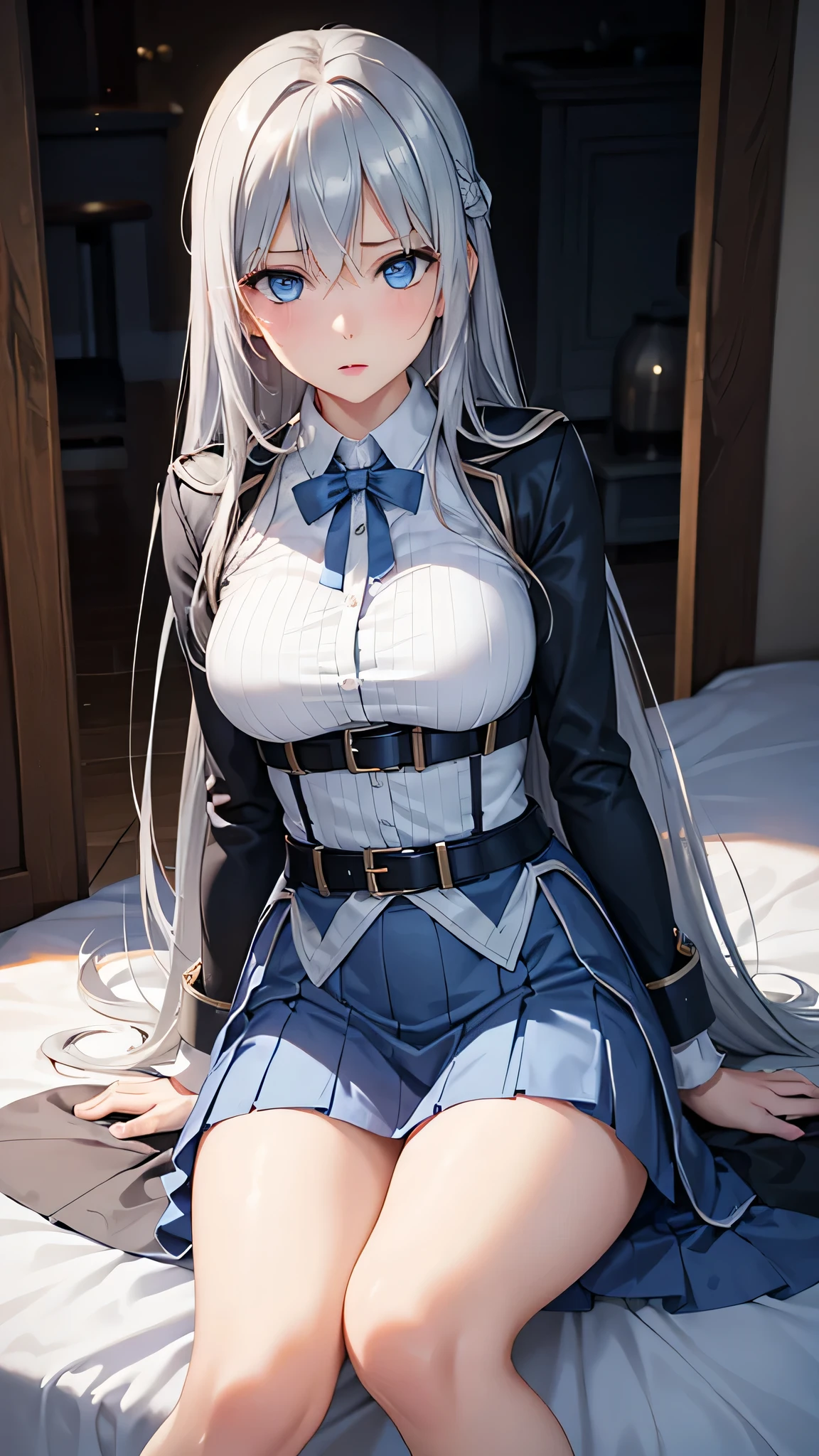  adult woman on the house, Alone,  sexy,8K resolution,((Best Quality)), ultra high resolution, ( grim expression), (Light blue eyes),  Beautiful Symmetrical Face , ( long silver hair ),coat,Light Armor ,skirt, Tactical Belts for Battle,Realistic:1.4,Realistic:1.4,(masterpiece:1.2), perfect eyes,Perfect Eyes, anatomically correct human body ,Perfect waist,Perfect thighs,(Open your mouth),Camp at night,Sit with your legs slightly open