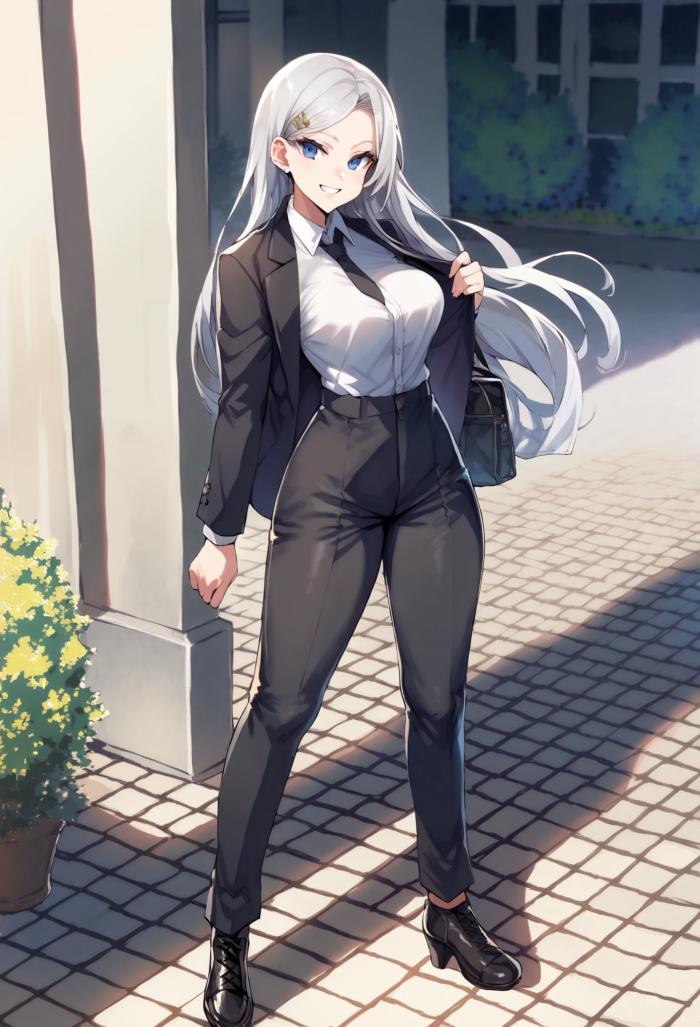 score_9,score_8_up,score_7_up,score_6_up,score_5_up,score_4_up,(source_anime),1girl,solo,long hair,breasts,looking at viewer,standing,dynamic pose,smile,blue eyes,black business suit,black business pants,black business boots,red necktie,black hair,ponytail haircut,very long hair,dark skin,huge breasts,thick hips,muscular body,muscular hip,muscular legs,pretty face,extremely detailed face, (outdoors, garden, garden bench, blooming trees, gothic church),super detail,high quality