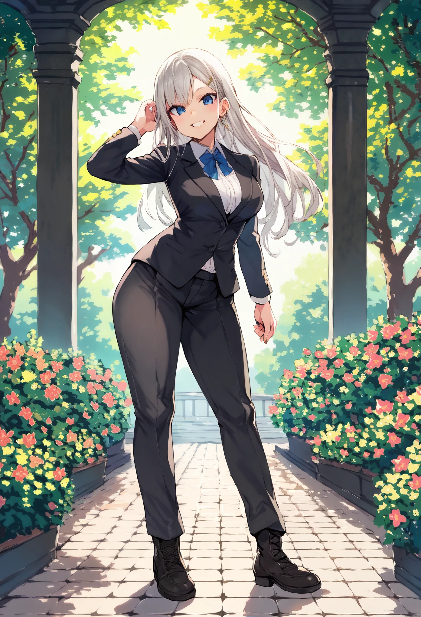 score_9,score_8_up,score_7_up,score_6_up,score_5_up,score_4_up,(source_anime),1girl,solo,long hair,breasts,looking at viewer,standing,dynamic pose,smile,blue eyes,black business suit,black business pants,black business boots,red necktie,((black hair)),ponytail haircut,very long hair,dark skin,huge breasts,thick hips,muscular body,muscular hip,muscular legs,pretty face,extremely detailed face, (outdoors, garden, garden bench, blooming trees, gothic church),super detail,high quality