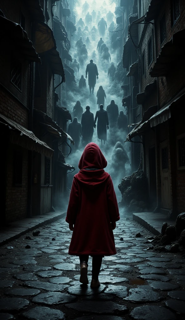 A mysterious, eerie alleyway resembling Diagon Alley from Harry Potter, with a cluttered, claustrophobic feel. The narrow passageway is filled with mist-like, spectral figures, human shapes drifting through the air as though they are echoes of people rather than living beings. Each figure is colorless and translucent, exuding an unsettling lifelessness as they wander aimlessly through the scene. The location is at the top of a descending slope, adding depth to the scene. Below, at the base of the slope, even more of these spectral figures gather, shrouded in mist, creating a hauntingly dense atmosphere.

At the forefront, a young girl stands out as the sole vibrant element in the scene. She wears a thick, knee-length merino wool coat in a deep, striking red, with a hood that casts a slight shadow over her head. Her bright red coat contrasts vividly against the monochromatic background, reminiscent of the iconic girl from Schindler's List. With her back turned to the camera, she faces the eerie, fog-filled path ahead. Her shoulders are tense, showing fear, but she steps forward bravely, inching down the slope. The cramped buildings around her are detailed with intricate textures, worn brick, and narrow alleys, each one adding to the crowded, overwhelming feeling of the scene.

Rendered in ultra-realistic, cinematic detail with a 16K resolution, every element is perfectly focused and meticulously detailed, from the dense mist of the spectral figures to the fine texture of the girl’s wool coat and the cluttered architecture that lines the mysterious path.