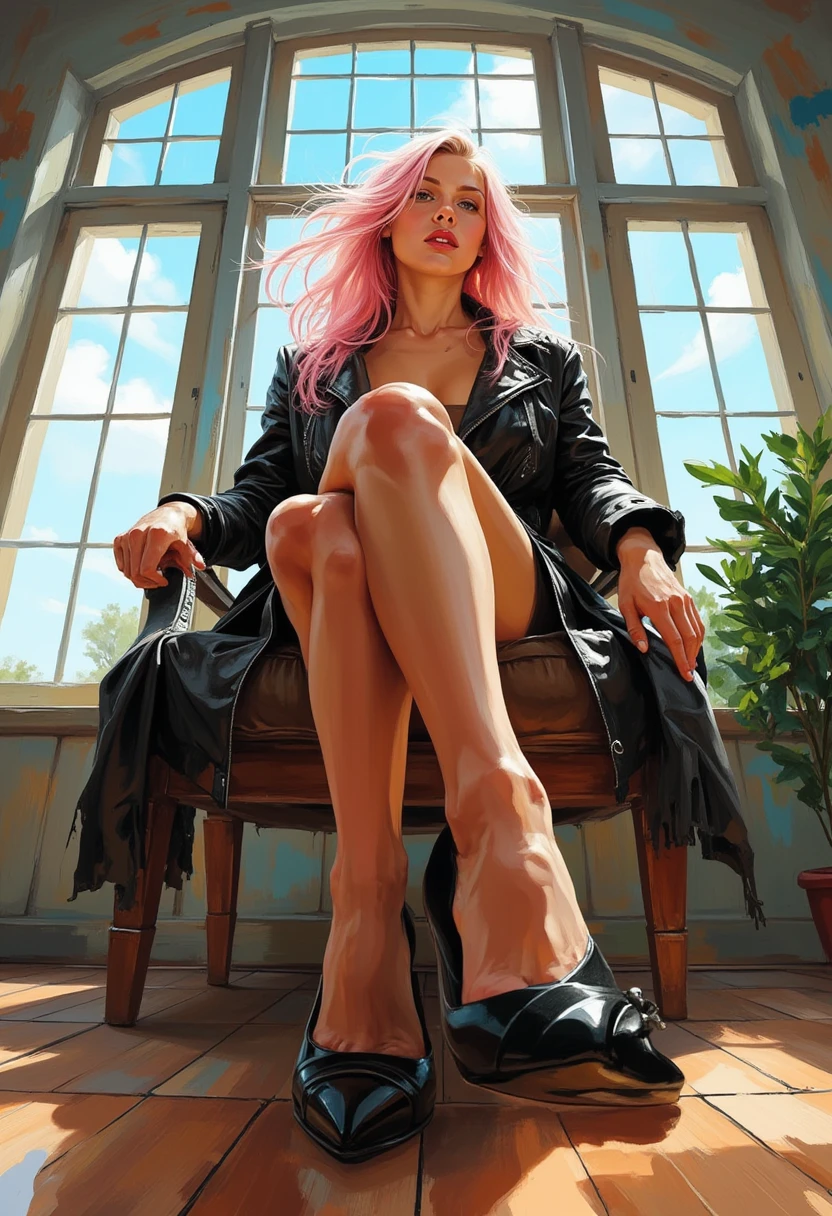 A low-angle perspective digital painting of a young woman with flowing, light pink hair that covers one eye, sitting on a chair with her legs crossed. The viewpoint is from below, drawing attention to her black high heels, particularly emphasizing the graceful arch of her foot. She wears a black leather jacket and a short skirt, exuding both elegance and authority. The background consists of a bright room with large windows, where natural light accentuates the softness of her skin and the polished sheen of her shoes. The image blends elements of femininity and strength, with a modern and sophisticated atmosphere.