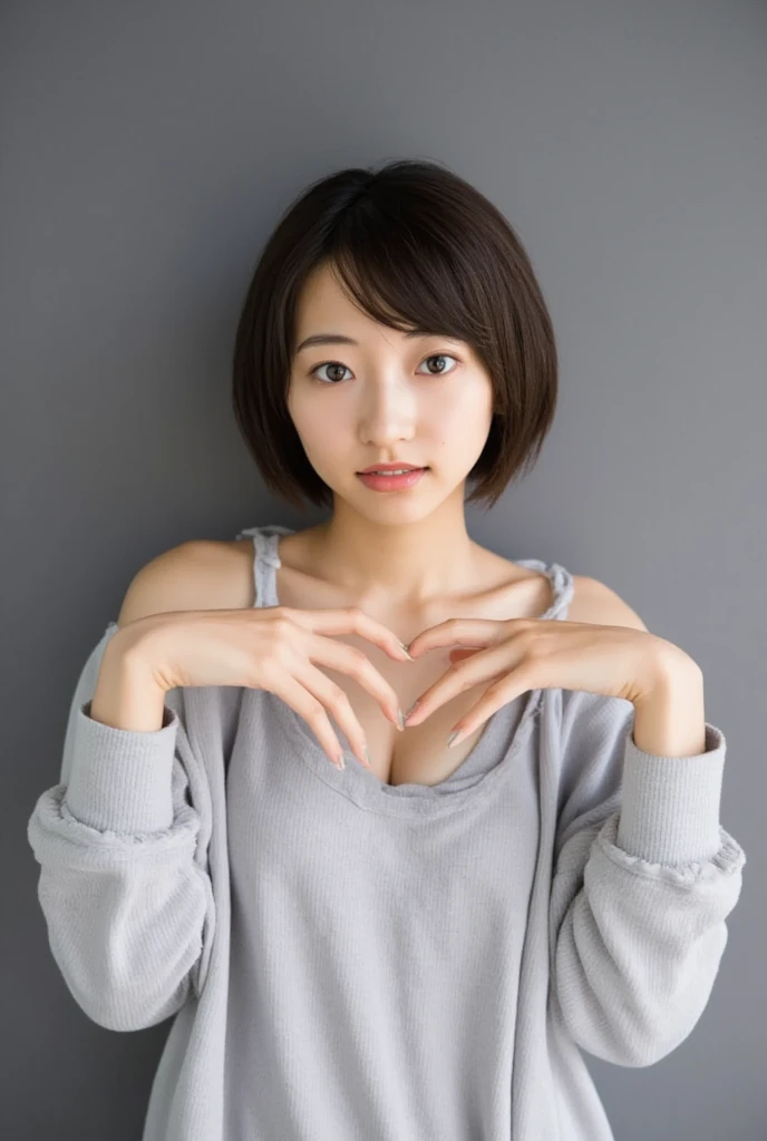 They are wearing off-shoulder pajamas, making a firm big heart shape with both hands, and holding them in front of their chest, View above collarbone、Throat up for a cute smile、Monotone background

