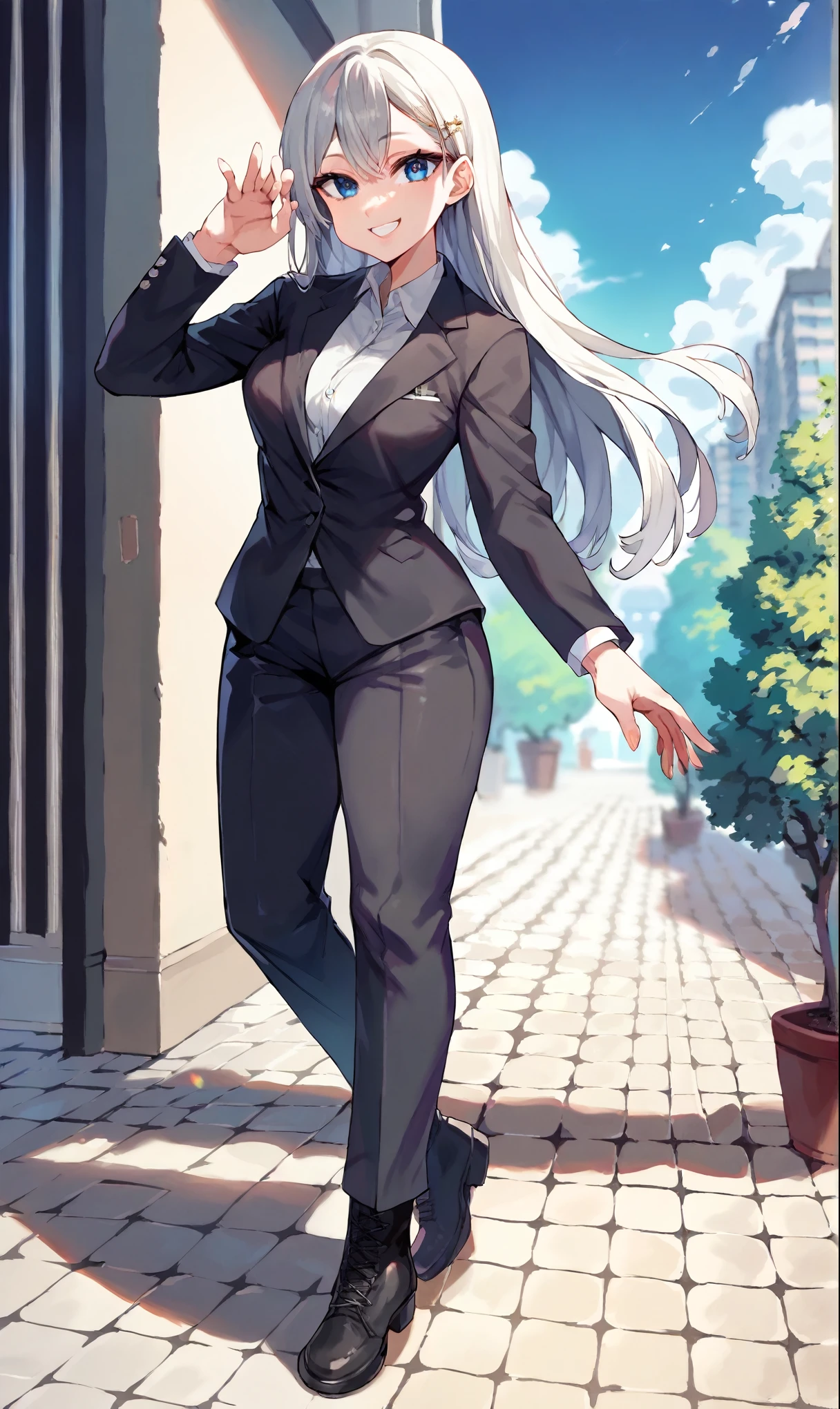 score_9,score_8_up,score_7_up,score_6_up,score_5_up,score_4_up,(source_anime),1girl,solo,long hair,breasts,looking at viewer,standing,dynamic pose,smile,blue eyes,black business suit,black business pants,black business boots,red necktie,((black hair)),ponytail haircut,very long hair,dark skin,huge breasts,thick hips,muscular body,muscular hip,muscular legs,pretty face,extremely detailed face, (outdoors, garden, garden bench, blooming trees, gothic church),super detail,high quality
