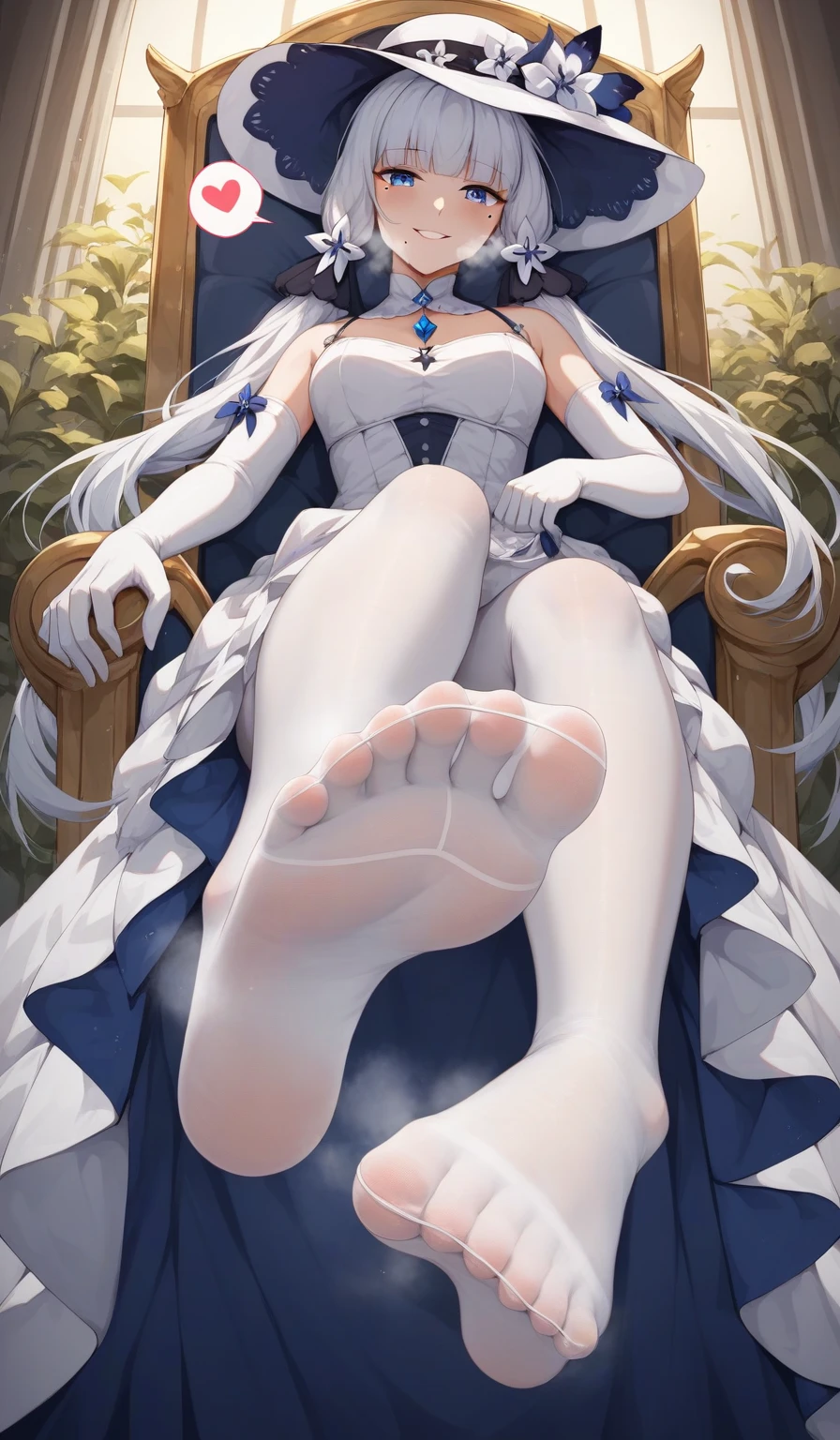 illustrious, blue eyes, hair ornament, hair ribbon, long hair, mole, mole under eye, white hair,
dress, elbow gloves, gloves, hat, ribbon, white dress, white gloves, white headwear, {{{{{white pantyhose}}}}}, Sitting at the throne, Low Angle, Foot Focus, Perfect feet, Anatomically correct, kind smile, spoken heart, {{{vulgarity}}}, breath, heavy breathing, breathless, foot sweat, foot perspired, foot humid, looking down at viewer,