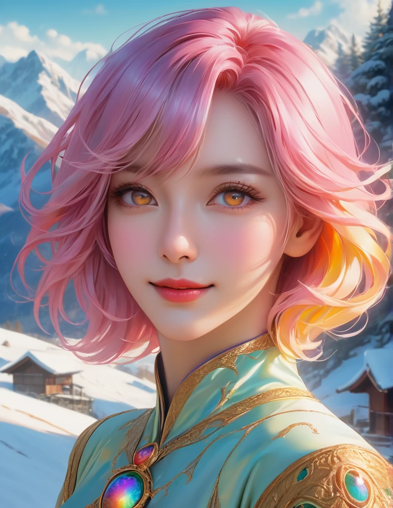 (masterpiece, Best Quality:1.3), Absurd, (8k resolution), Illustration, ((overview, thick lineart)), ( Fake Traditional Media :1.3),  watching viewers in the winter mountains ,(masterpiece,Best Quality), high definition,High image quality,[[ Intricate Details]], like a movie, photorealistic portrait shots, (( bright pastel hair )),  mature woman, 30 years old,eyes

pastel color , 2woman, Prostitute,  Rainbow Ridal ,  Spiral Iris Eye ,  Rainbow Ridal  palette eyes,  shiny ..., bright...,  serious look, Fire Dragon Eye ,  Amber Cat's Eye ,  anthro ... woman,  Genetically Modified ...


,  Cover chest ,  Mysterious Atmosphere , Smiling expression, Pose,  firm well-defined body ,  charming. Extremely realistic, beautiful,  hyperrealism,  Very Fine Skin , direct line of sight、 eyes pastel color
Mysterious 、Feeling shadows 