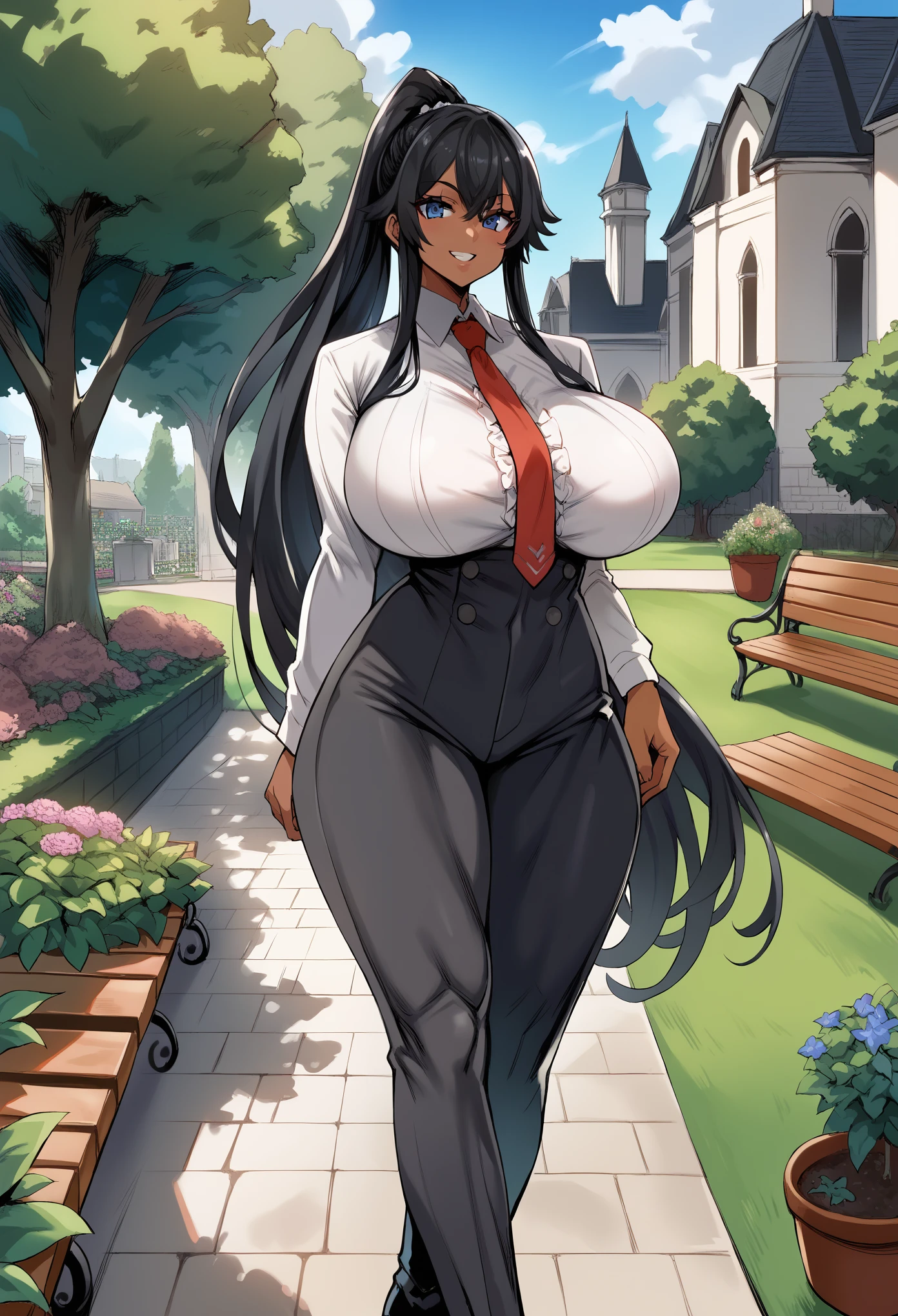 score_9,score_8_up,score_7_up,score_6_up,score_5_up,score_4_up,(source_anime),1girl,solo,long hair,breasts,looking at viewer,standing,dynamic pose,smile,blue eyes,black business suit,black business pants,black business boots,red necktie,((black hair)),ponytail haircut,very long hair,dark skin,huge breasts,thick hips,muscular body,muscular hip,muscular legs,pretty face,extremely detailed face, (outdoors, garden, garden bench, blooming trees, gothic church),super detail,high quality