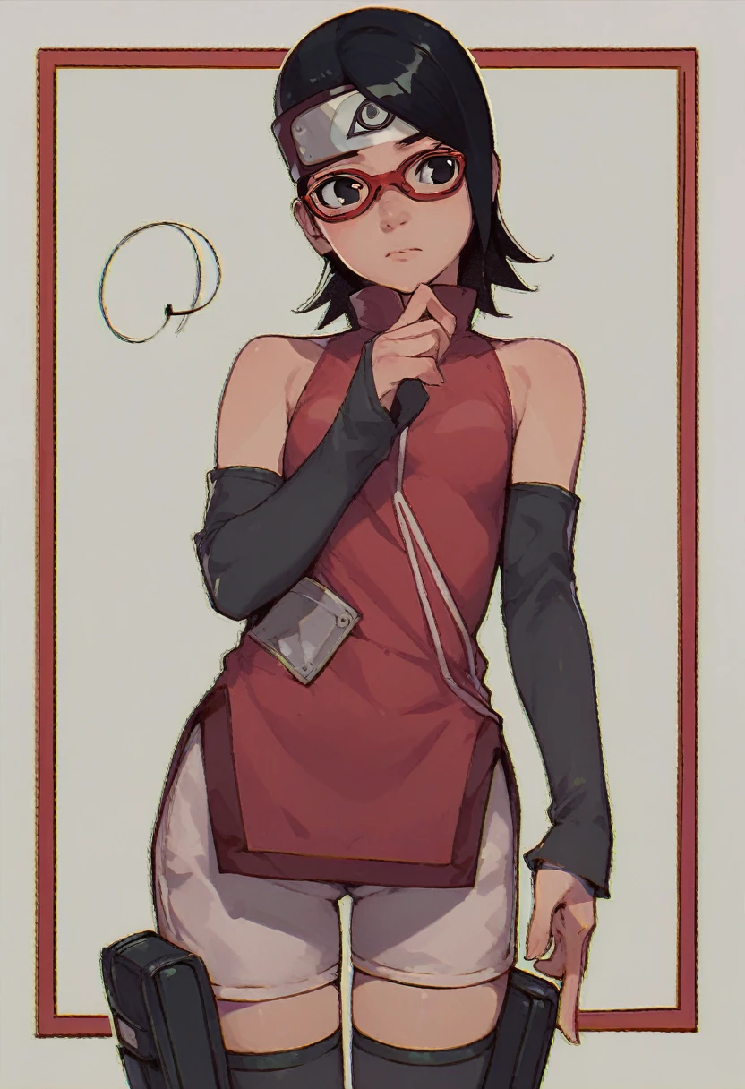 saradaSDXL,1girl,black hair,thighhighs,black eyes,shorts,detached sleeves,glasses,bike shorts,red-framed eyewear,forehead protector,konohagakure symbol
