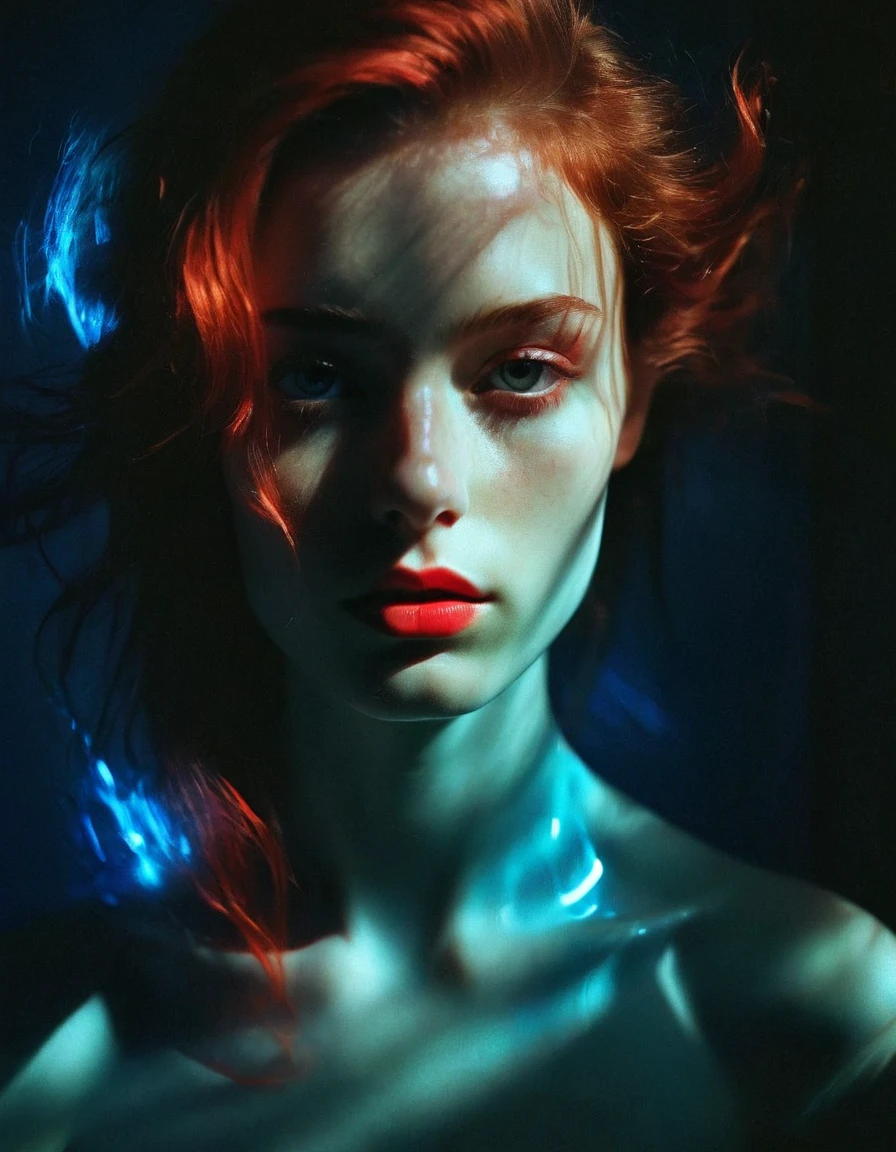  A man in the dark with a bright neon light.,  In the style of female portrait .,  Split toning ,  light crimson and blue ,  distorted portraits , naturalistic shadows , dramatic movement,  volumetric lighting ,  backlit by the environment 