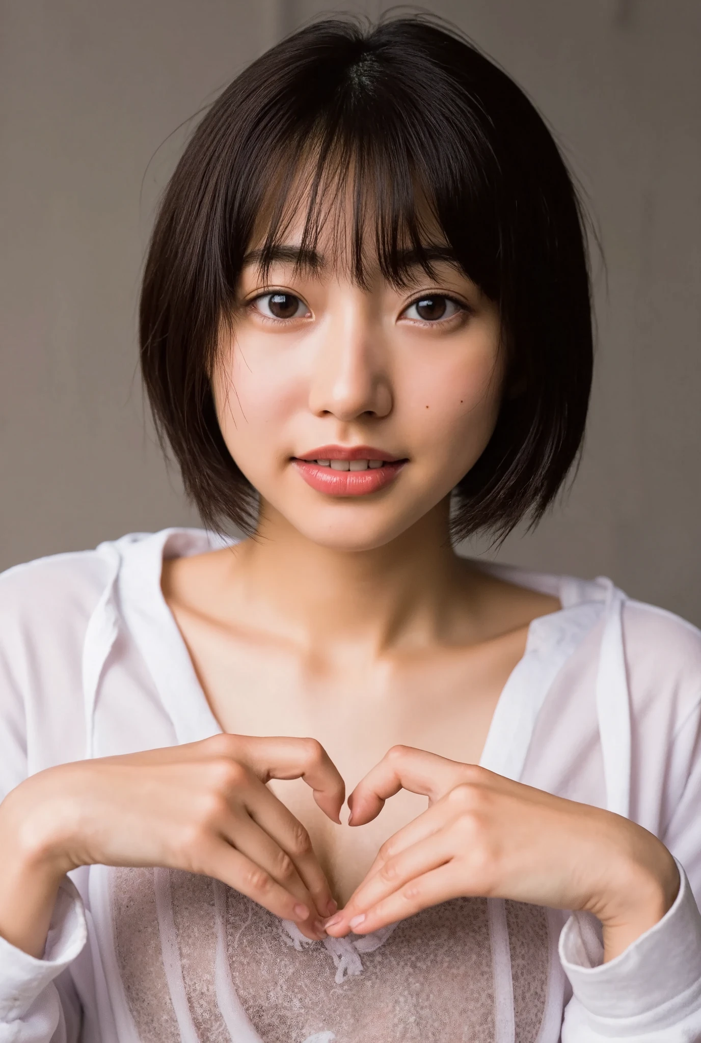 They are wearing off-shoulder pajamas, making a firm big heart shape with both hands, and holding them in front of their chest, View above collarbone、Throat up for a cute smile、Monotone background