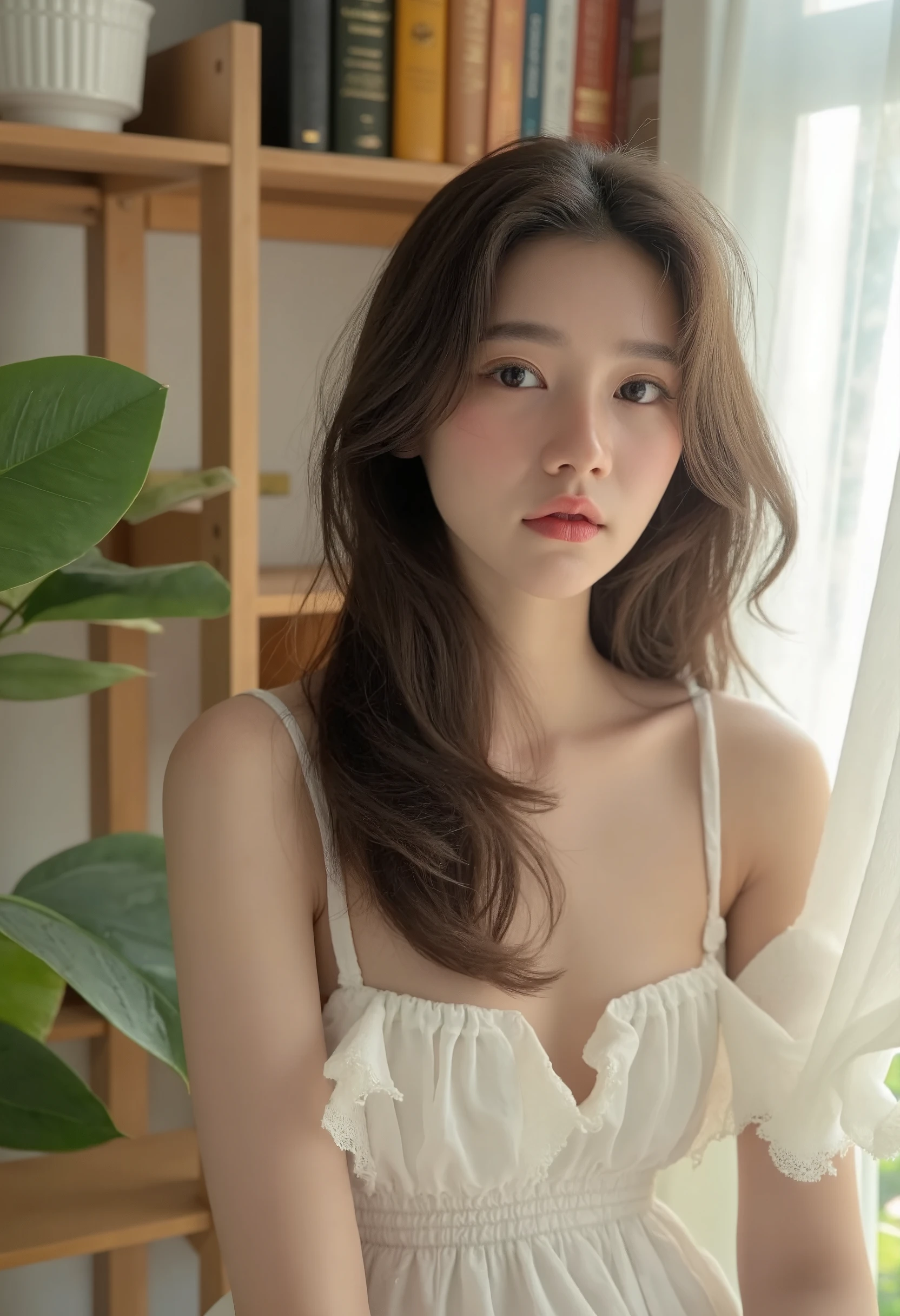Portrait photo of Thai woman with long hair wearing thin white dress in bedroom, Bookshelf, plant, flower, Sunlight