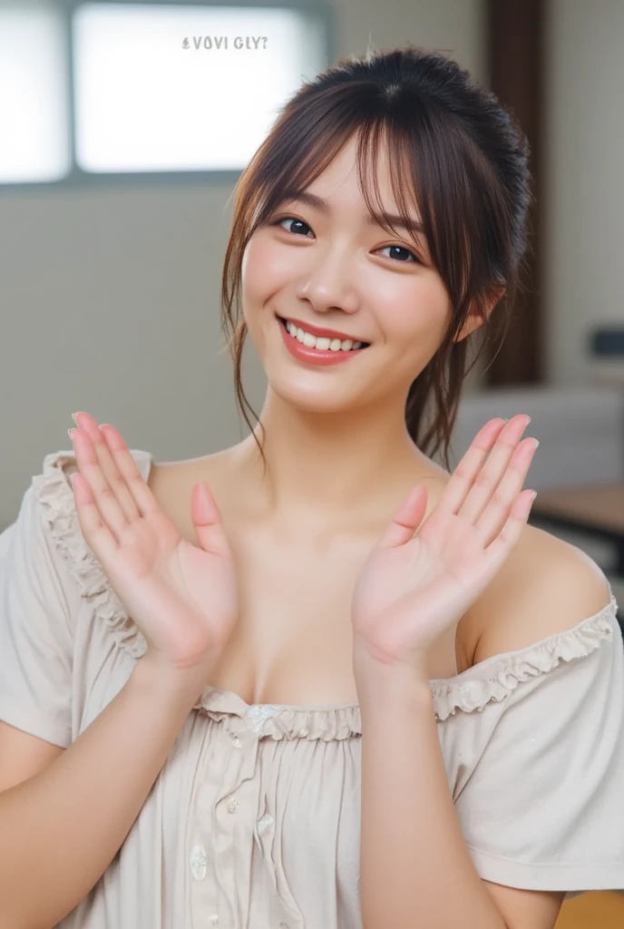 They are wearing off-shoulder pajamas, making a firm big heart shape with both hands, and holding them in front of their chest, View above collarbone、Throat up for a cute smile、Monotone background

