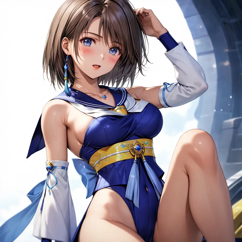 masterpiece, Best Quality, High resolution,16k,official art,super detailed skin,detailed,animated painting,(Yuna),(Final Fantasy 10),1990s \(style\),(E-cup beautiful breasts)、 (tall:1.2),height: 175cm,Fashion model body type、(sailor mercury costume:1.5),Sexy long legs,Navel exposed,Abdominal muscles、Sweating all over the body、Muscular、solo,1girl,nsfw,shy,(Ahegao:1.2),blush,(vulgarity:1.2)、Anime-style painting style,Brown Hair,shortcut hair、Close up on upper body,Cinematic lighting,Superfine,magnificent view,Seductively Posing,extreme closeup shot ,simple white background