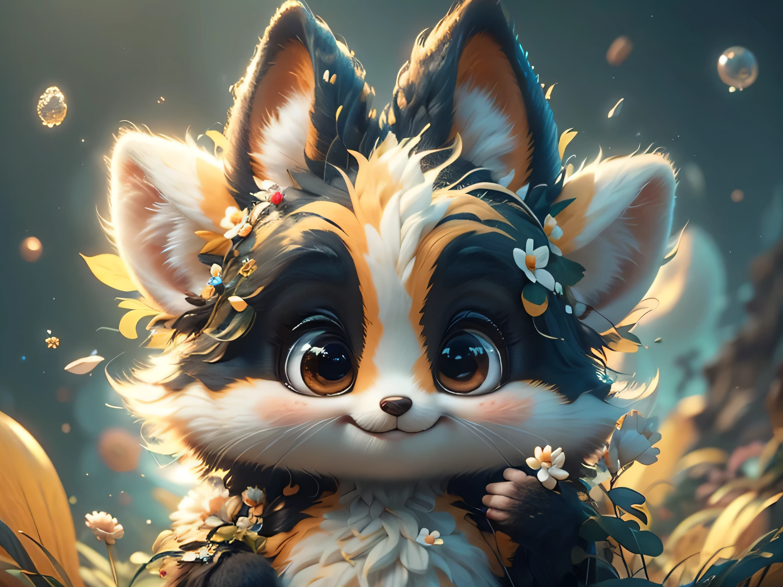 Magical Fantasy Creature, (Best Quality, Masterpiece, Representative Work, Official Art, Professional, Ultra Fine Detail, 8k:1.3) Fox Spirit, Super Cute, Big Eyes, Soft, Delicate Nose, Fluffy, Two-Toothed Smile, Cute Fennec Fox Ghost, Realistic, Beautiful, Sparkling, Stars in Eyes, Star Pearl, Fox Lights, Soft Volumetric Light, (Backlight:1.3), (Cinematic:1.2), Intricate Details, (ArtStation:1.3), --auto --s2