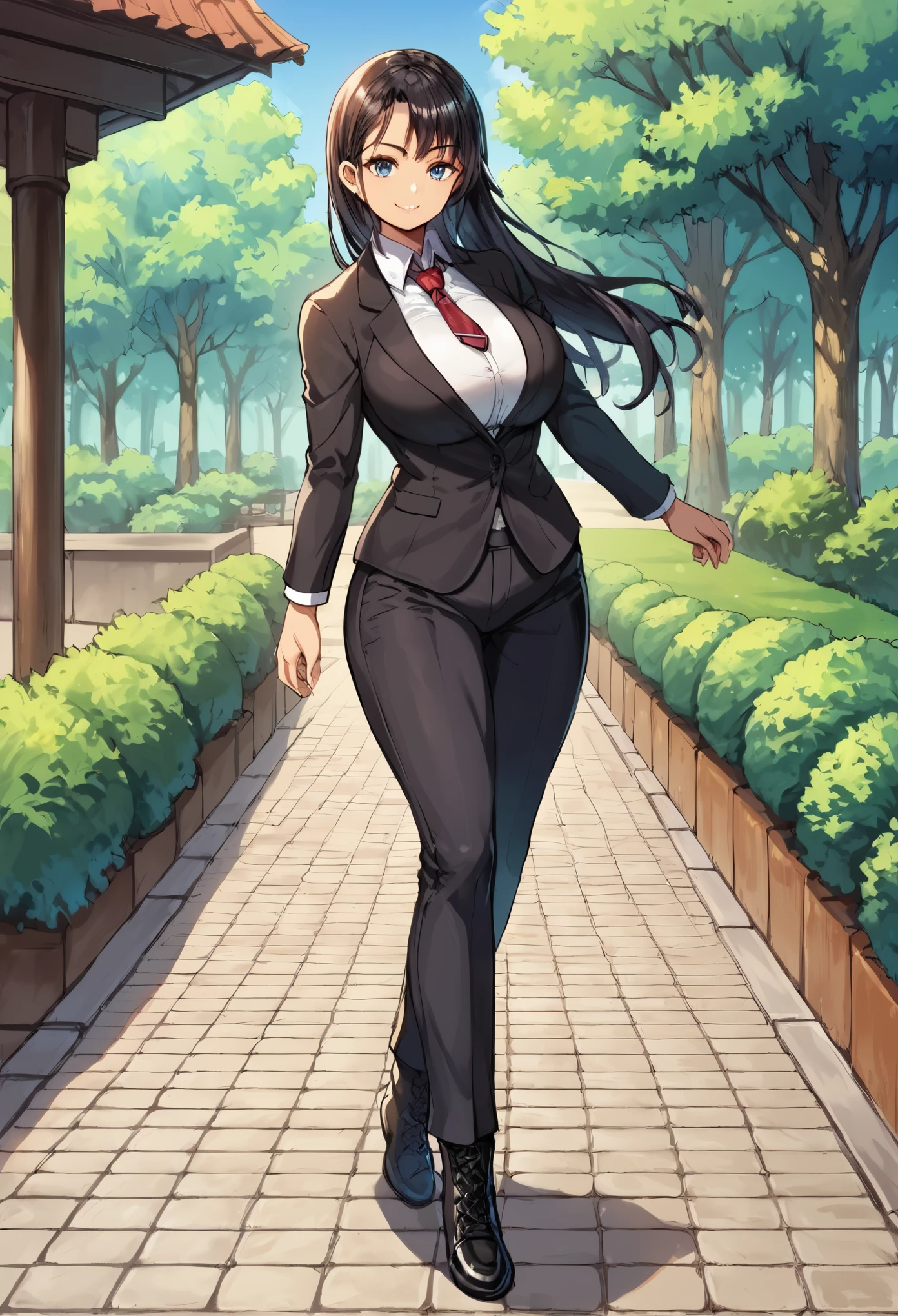 score_9,score_8_up,score_7_up,score_6_up,score_5_up,score_4_up,(source_anime),1girl,solo,long hair,breasts,looking at viewer,standing,dynamic pose,smile,blue eyes,black business suit,black business pants,black business boots,red necktie,((black hair)),ponytail haircut,very long hair,dark skin,huge breasts,thick hips,muscular body,muscular hip,muscular legs,pretty face,extremely detailed face, (outdoors, garden, garden bench, blooming trees, gothic church),super detail,high quality