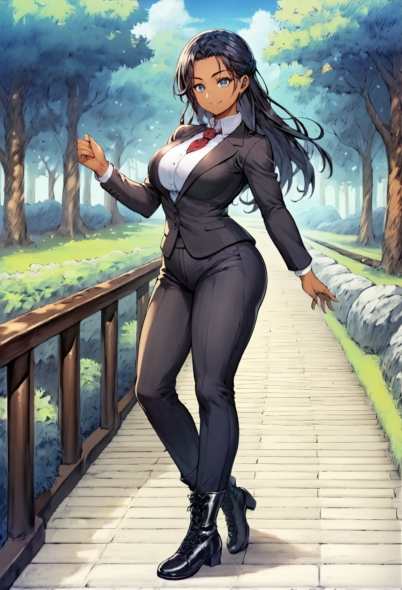 score_9,score_8_up,score_7_up,score_6_up,score_5_up,score_4_up,(source_anime),1girl,solo,long hair,breasts,looking at viewer,standing,dynamic pose,smile,blue eyes,black business suit,black business pants,black business boots,red necktie,((black hair)),ponytail haircut,very long hair,(dark skin:1.5),huge breasts,thick hips,muscular body,muscular hip,muscular legs,pretty face,extremely detailed face, (outdoors, garden, garden bench, blooming trees, gothic church),super detail,high quality