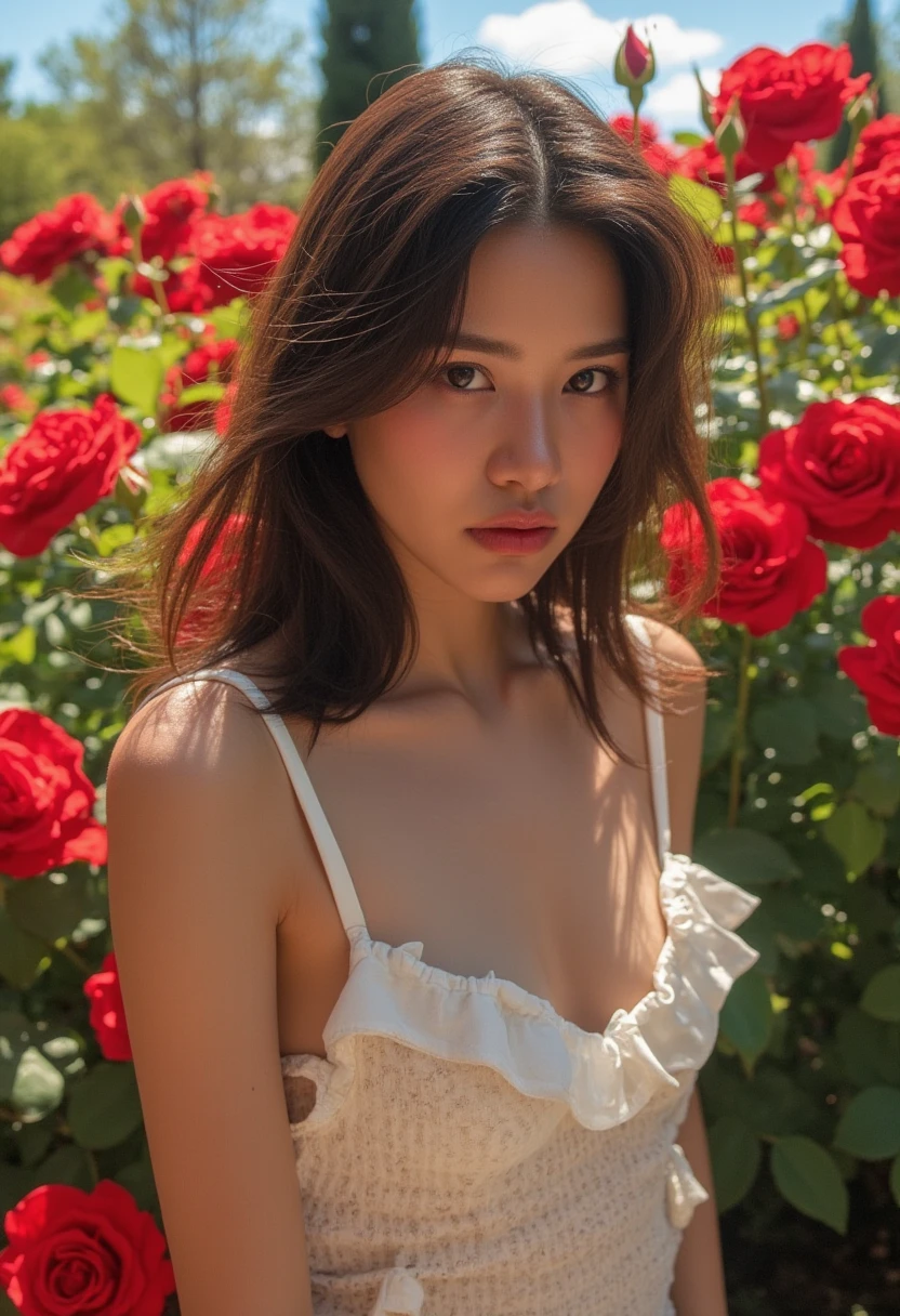 Thai woman with long hair ,wearing a cleavage white dressed in ruffled hem chemise lingerie, pose , a vibrant garden of red roses. The garden is filled with red roses , sky, sun light, 1990s