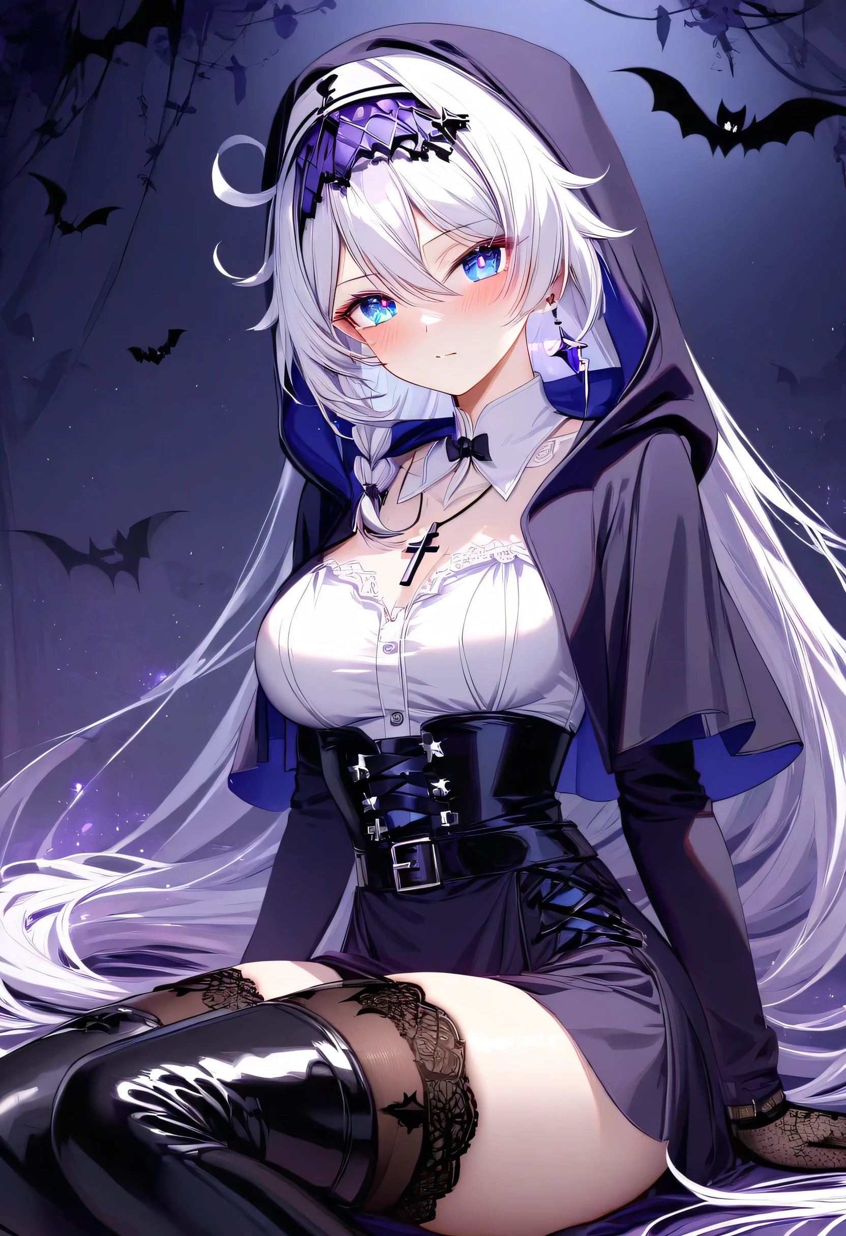 (masterpiece:1.2), (best quality:1.2), (very aesthetic:1.2), (absurdres:1.2), (detailed background), (detailed face:1.1), best quality, beautiful detailed eyes,1girl, adult grown woman, kiana kaslana \(honkai impact 3rd\), herrscher of finality, white hair, ahoge, very long hair, blue eyes, symbol-shaped pupils, medium breast, skinny skin, blush, closed mouth, heavy breathing, nun with gotchic style outfit, (gothic nun outfit:1.6), (black lace gloves:1.4), (cross necklace:1.5), (high-collared dress:1.5), (intricate metallic detailing:1.4), (gothic patterns:1.5), (dark leather thigh-high boots:1.6), (hooded cloak:1.5), (bat motifs:1.6), (moonlit backdrop:1.3), (elegant gothic accessories:1.5), (belted waist:1.4), (sleeve patterns:1.5), (dark mystical aura:1.4), lying down, in a relaxed pose,