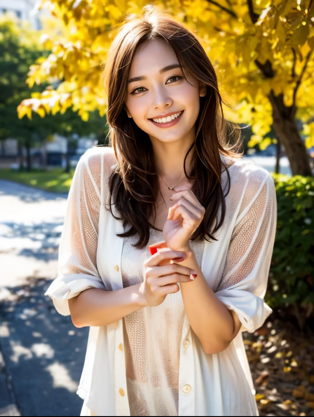  Best Quality 、masterpiece、(  photorealistic:1.4)、 one girl playing pranks、Smiling Eyes、(Urzan-6500-V1.1:1.0)、Brownish、  Brown Eyes  、2、Beautiful woman、、Autumn Clothes、 drop down、Yui Aragaki、Yui Aragaki,