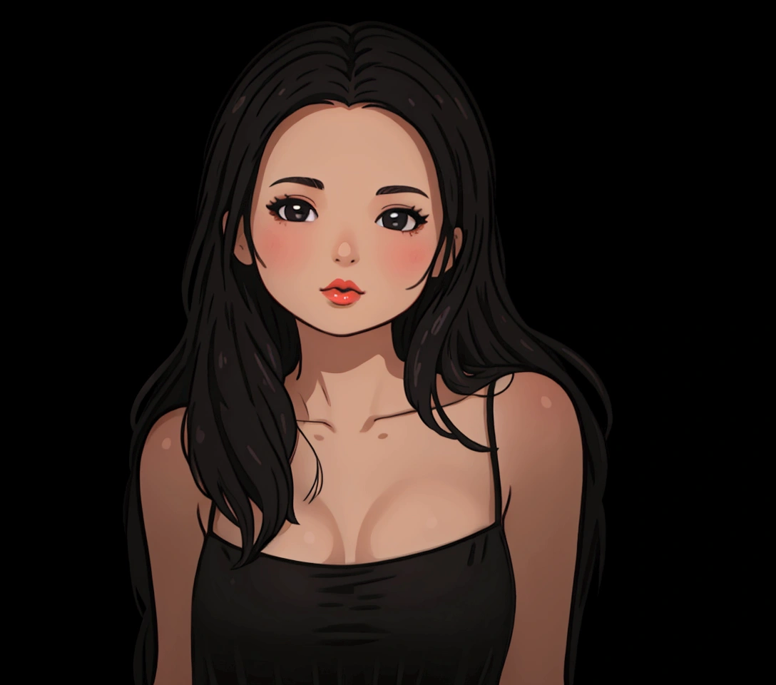 1girl, solo, black hair, realistic, long hair, upper body, looking at viewer, simple background, bare shoulders, lips, white background, transparent background, photorealistic, camisole