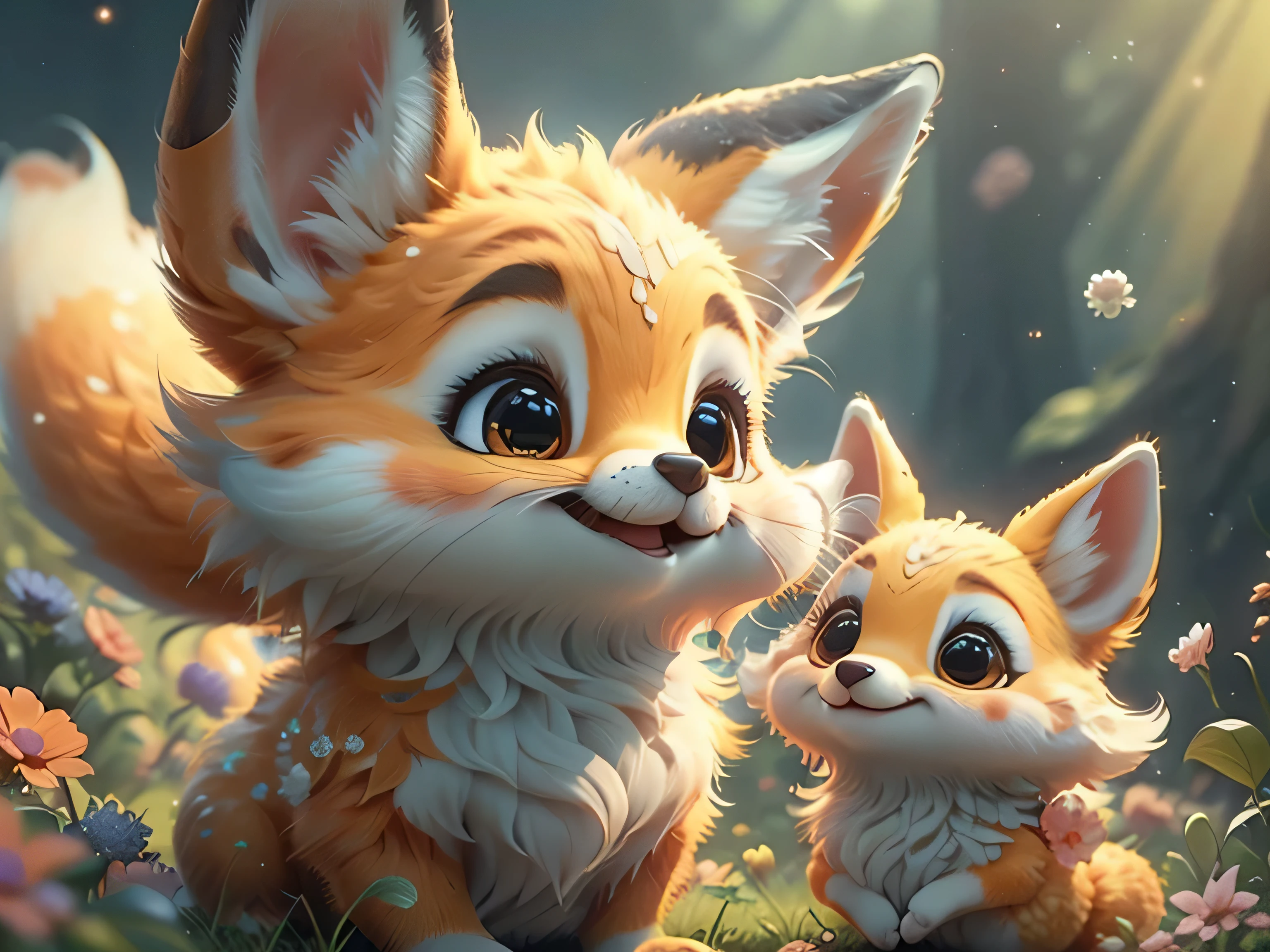 Magical Fantasy Creature, (Best Quality, Masterpiece, Representative Work, Official Art, Professional, Ultra Fine Detail, 8k:1.3) Fox Spirit, Super Cute, Big Eyes, Soft, Delicate Nose, Fluffy, Two-Toothed Smile, Cute Fennec Fox Ghost, Realistic, Beautiful, Sparkling, Stars in Eyes, Star Pearl, Fox Lights, Soft Volumetric Light, (Backlight:1.3), (Cinematic:1.2), Intricate Details, (ArtStation:1.3), --auto --s2