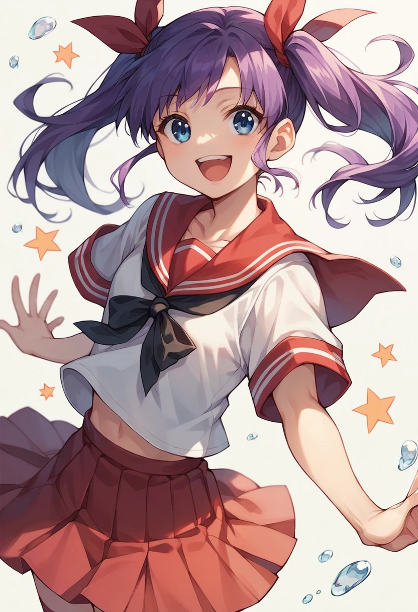 Kagami Hiiragi, 1girl, happy, xD, solo, twintails, hair ribbon, blue eyes, serafuku, red skirt, red sailor collar, cowboy shot, white tighhighs. Purple hair