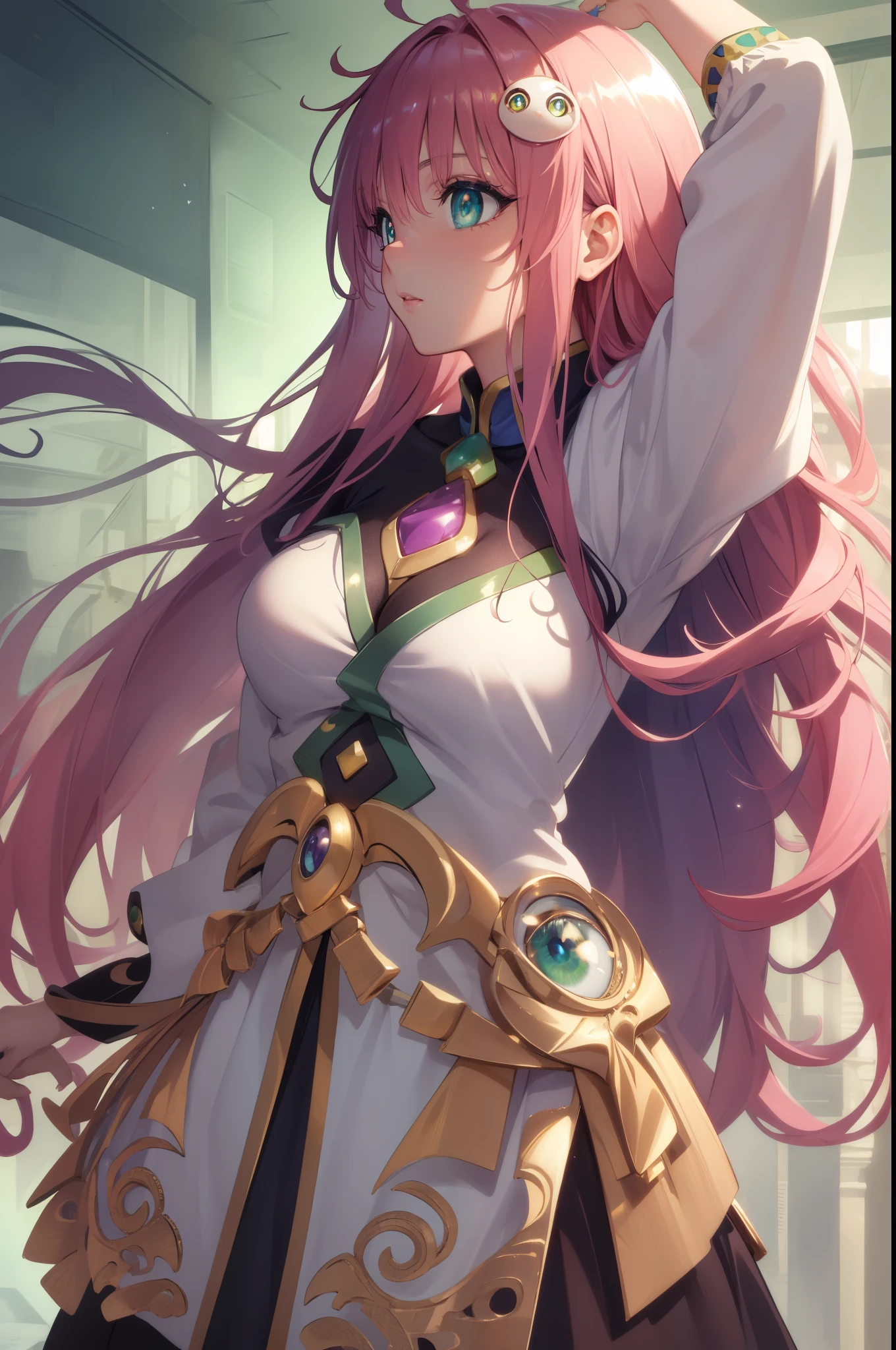 highres, aalala, long hair, ahoge, hair ornament, green eyes, breasts,
BREAK (masterpiece:1.2), best quality, high resolution, unity 8k wallpaper, (illustration:0.8), (beautiful detailed eyes:1.6), extremely detailed face, perfect lighting, extremely detailed CG, (perfect hands, perfect anatomy),perfect face,