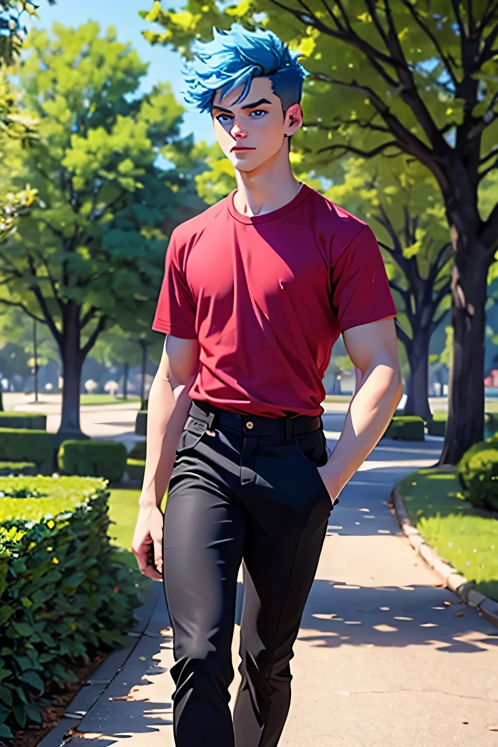 A 20-year-old man,  short hair ,  blue hair, Serious, blue eyes, red shirt,  black pants, walking through a park, UHD, quality,  tall details ,  high quality, HD model, 