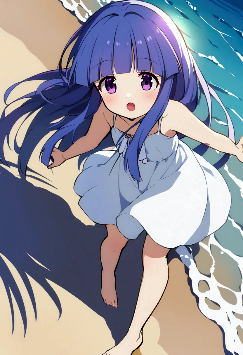 1girl, child, Blue navy dress with panties, long blue navy hair, masterpiece, best quality, full body, Standing on the beach, pink nails, happy, smile, Pregnant