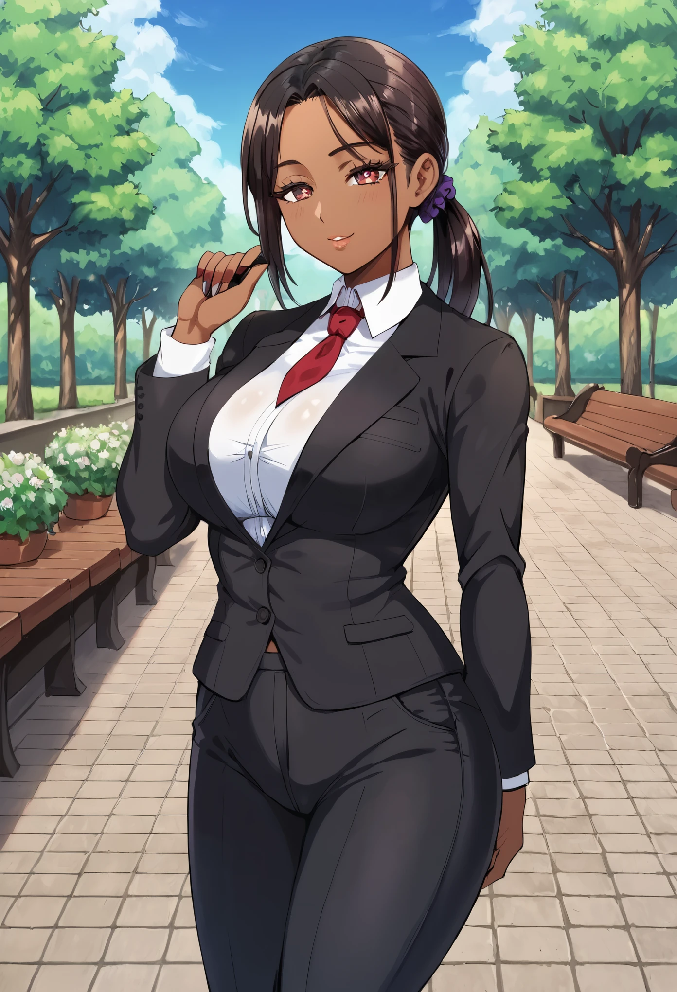 score_9, score_8_up, score_7_up,1girl, very tall girl, muscular body, (((((dark skin))))), perfect beautiful face, long eyelashes, sharp eyes pupils, dark hair, very long hair, large breasts, black business suit, black business pants, black business boots, red necktie, (outdoors, garden, garden bench, blooming trees, gothic church) / standing, seductive face, look at viewer, closeup, low ponytail, cowboy shot