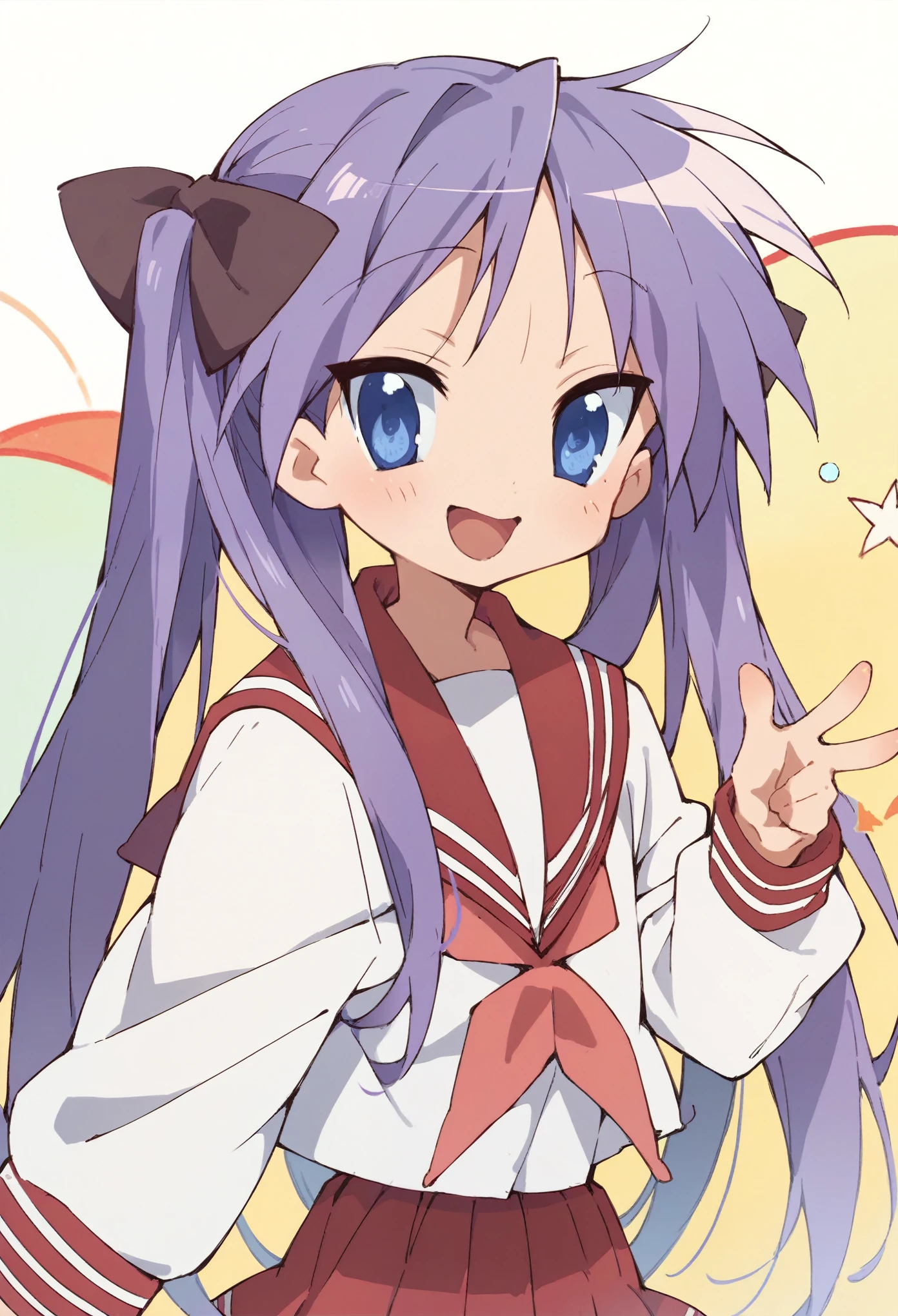 Kagami Hiiragi, 1girl, happy, xD, solo, twintails, hair ribbon, blue eyes, serafuku, red skirt, red sailor collar, cowboy shot, white tighhighs. Purple hair