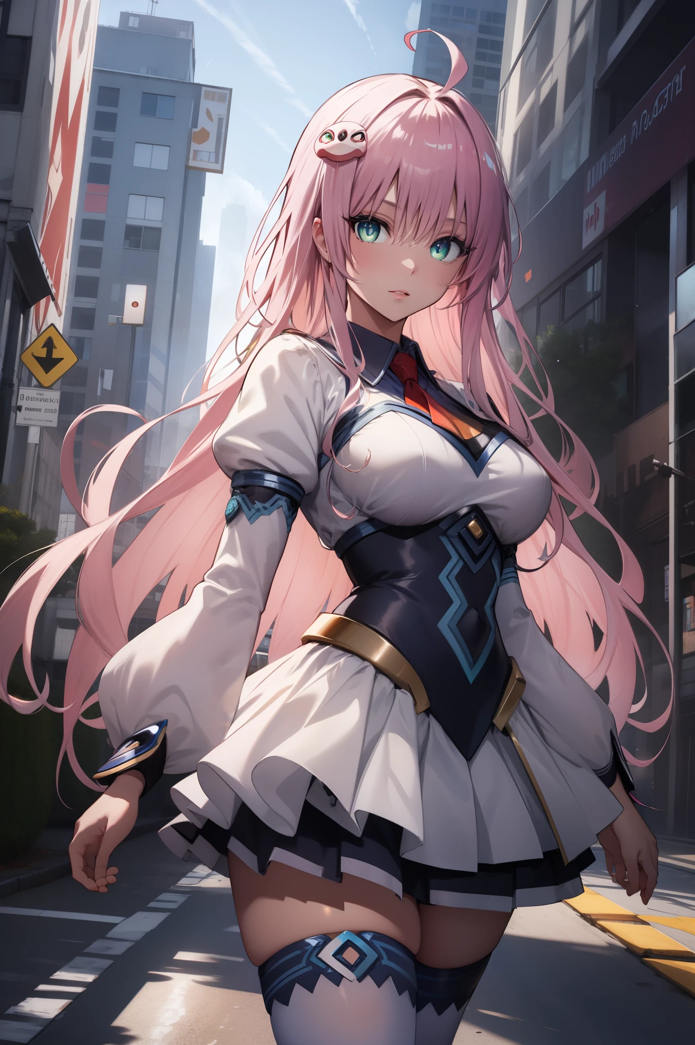 highres, aalala, long hair, ahoge, hair ornament, green eyes, breasts,
BREAK ((detached collar, detached sleeves, frilled sleeves, frills, long sleeves, miniskirt, pleated skirt, ribbon, skirt, thighhighs, white skirt, white sleeves, white thighhighs, wide sleeves, zettai ryouiki:1.2)),
BREAK outdoors, city,
BREAK looking at viewer, BREAK (masterpiece:1.2), best quality, high resolution, unity 8k wallpaper, (illustration:0.8), (beautiful detailed eyes:1.6), extremely detailed face, perfect lighting, extremely detailed CG, (perfect hands, perfect anatomy),