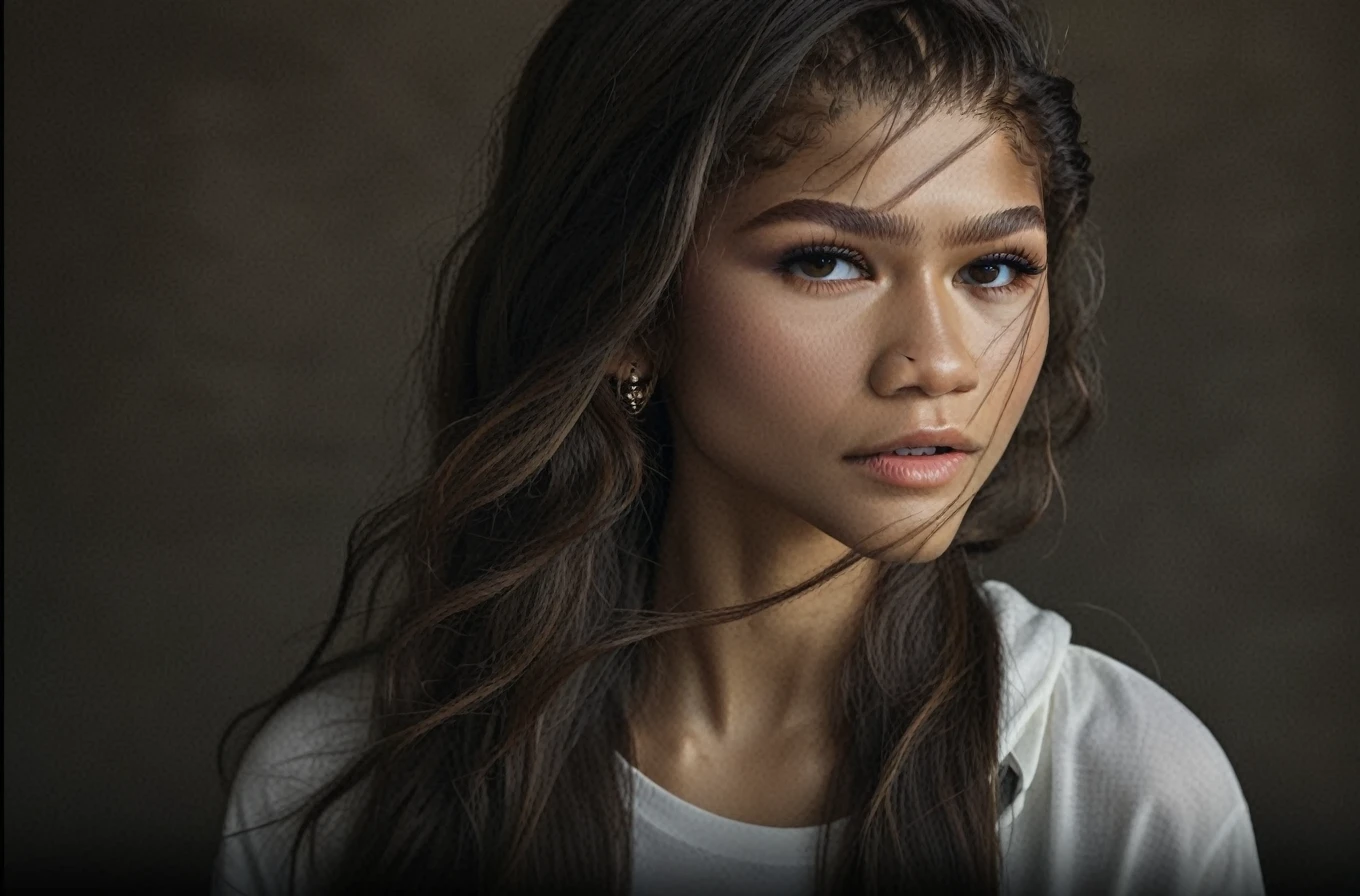 (zendaya:.4), (32k:1.5, Highest quality, masterpiece, Ultra-high resolution), Professional camera work:1.6, Highly detailed skin and face textures:1.3, Captivating portrait:1.2, Very accurate, Very detailed, 1 adult female, Incredibly slim body, sense of loss, Sadness, Expressions of sadness, Small face, (()), (medium shot), 