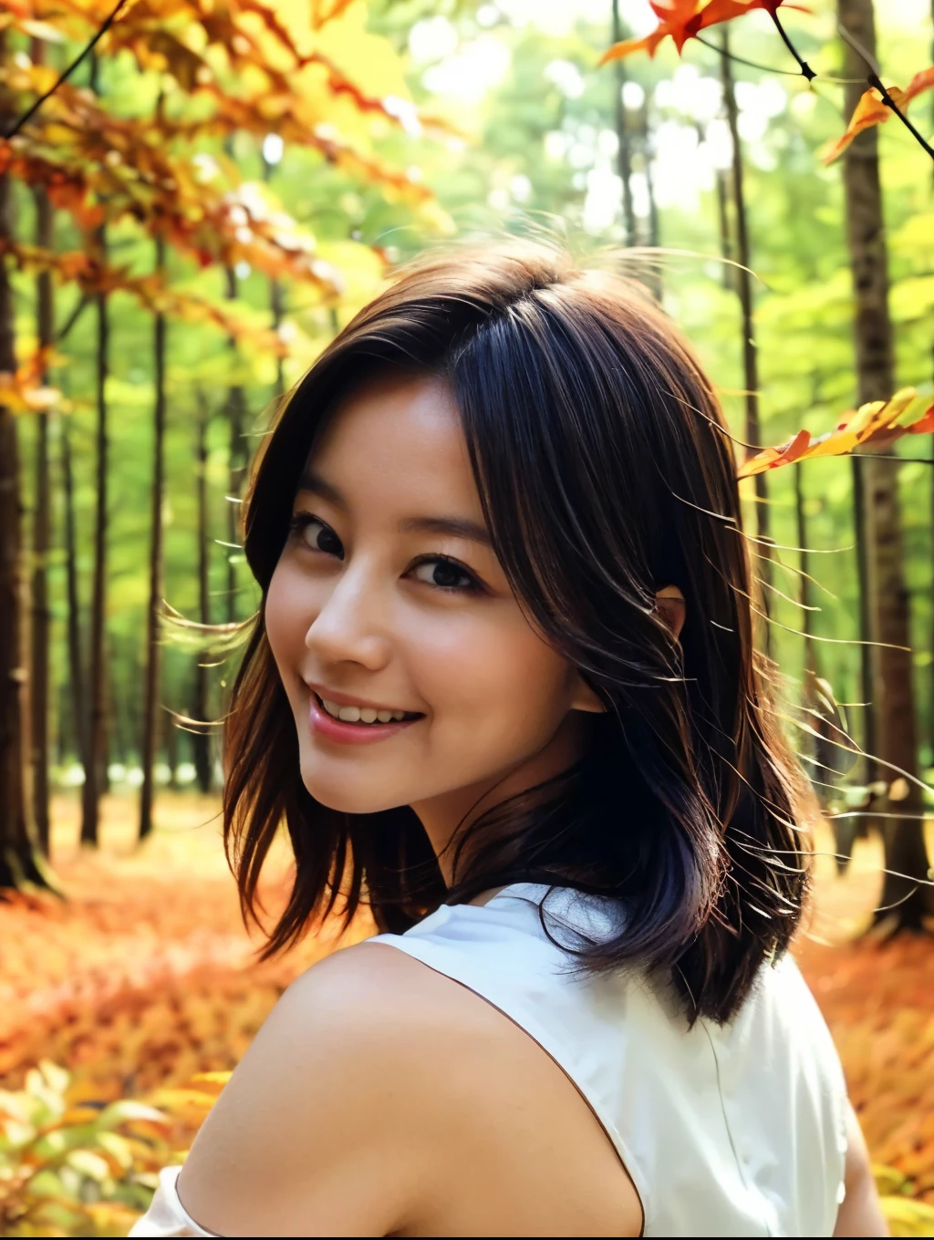  Best Quality 、masterpiece、(  photorealistic:1.4)、 one girl playing pranks、Smiling Eyes、(Urzan-6500-V1.1:1.0)、Brownish、  Brown Eyes  、2、Beautiful woman、、Autumn Clothes、 drop down、((The background is a forest with vivid autumn leaves:1.5))、((maximum brightness ))、Maki Horikita