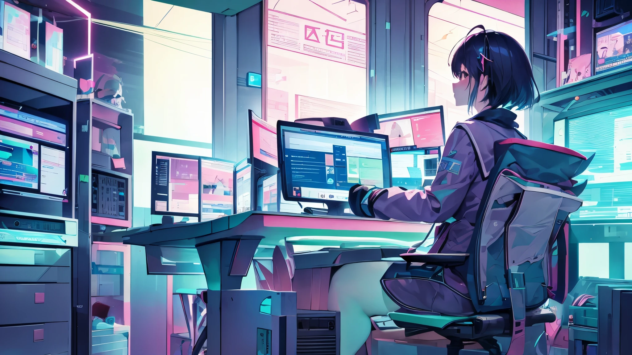 1 girl, Computer 、ゲーミング Computer 、White system room 、 high definition, pastel color 、night, neon