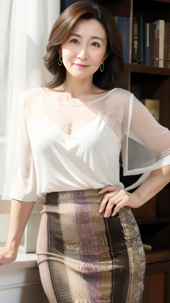 (high quality)、(high resolution)、Beautiful 45 year old mature woman、Wrinkles around the eyes、Wrinkles around the mouth、Looking at me with a smile、whole body、Big Breasts、Narrow waist、Thin and beautiful legs、(Lace shirt)、(See-through tight skirt:1.2)、(Erect nipples)、living