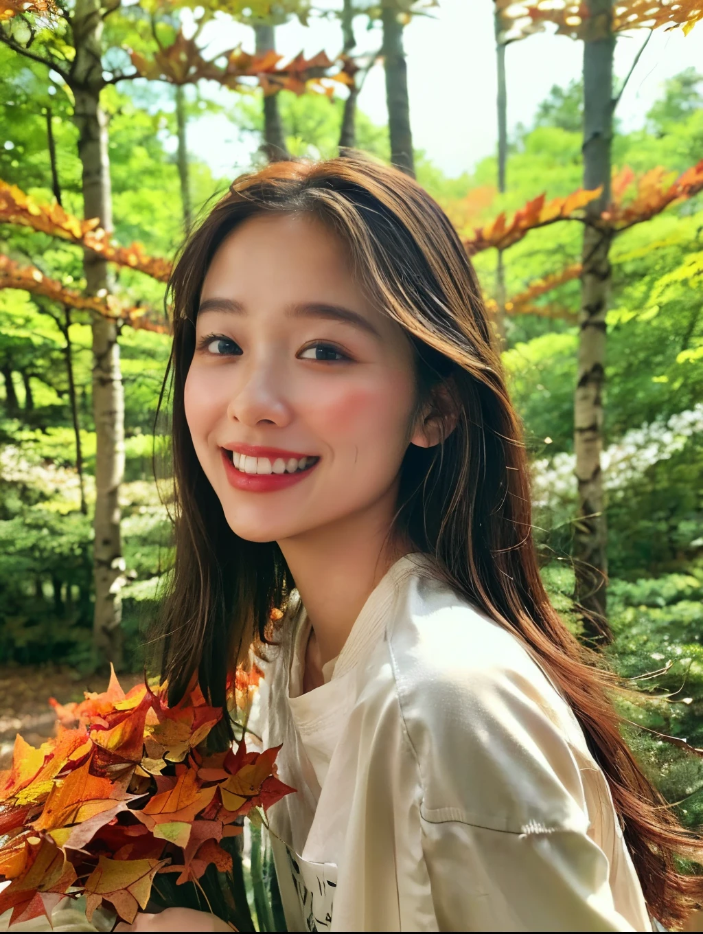 Best Quality 、masterpiece、( photorealistic:1.4)、 one girl playing pranks、Smiling Eyes、(Bright smile)、( Ulzan-6500-v1.1:1.0)、Brownish、 Brown Eyes 、2、Beautiful woman、、Autumn Clothes、 drop down、((The background is a forest with vivid autumn leaves:1.5))、((maximum brightness ))、Mayu Hotta