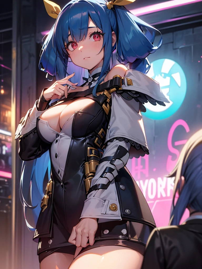 (​masterpiece, top-quality, hight resolution, Unity 8k, extremely details CG:1, Best Picture), ggdizzy, hairribbon, A woman standing by the wall of a nightclub. She is lit by dark, colourful lights, reflecting the lively atmosphere of the club. She is leaning casually with one shoulder against the wall, surrounded by soft shadows and neon light. The protagonist asks her if she wants to fuck you, and she says, ‘Okay. Where would you like to fuck?’ The woman makes a quick decision. She complies with his outrageous request with impunity. She is a so-called ‘slut’.