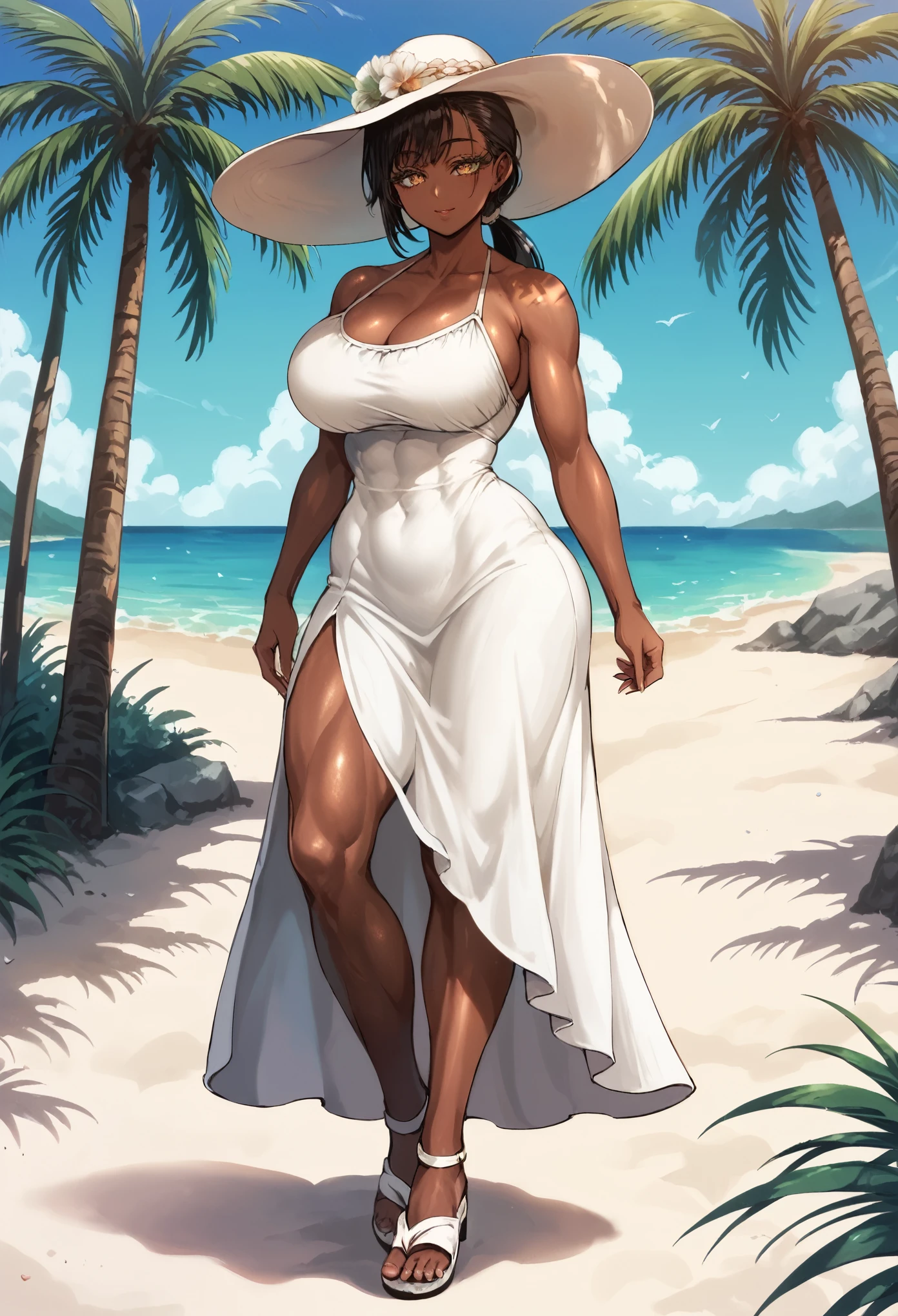 score_9, score_8_up, score_7_up,1girl, very tall girl, muscular body, (((((dark skin))))), perfect beautiful face, long eyelashes, sharp eyes pupils, dark hair, very long hair, large breasts, white sundress,white brimmed hat,sandals, (outdoors, ,beach,palm trees,) / standing, seductive face, look at viewer, closeup, low ponytail, cowboy shot