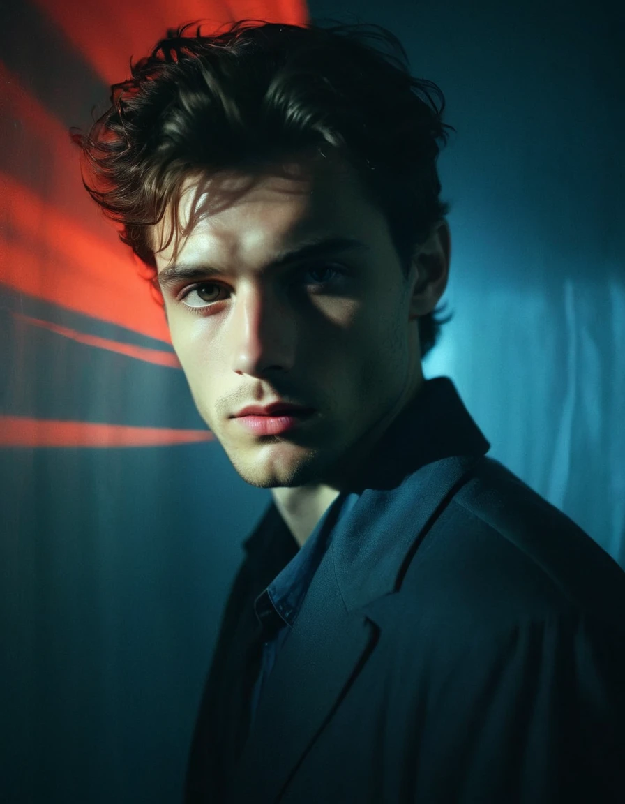  A man in the dark with a bright neon light., In the portrait style: Split toning,  light crimson and blue ,  distorted portraits , naturalistic shadows , dramatic movement,  volumetric lighting ,  backlit by the environment 