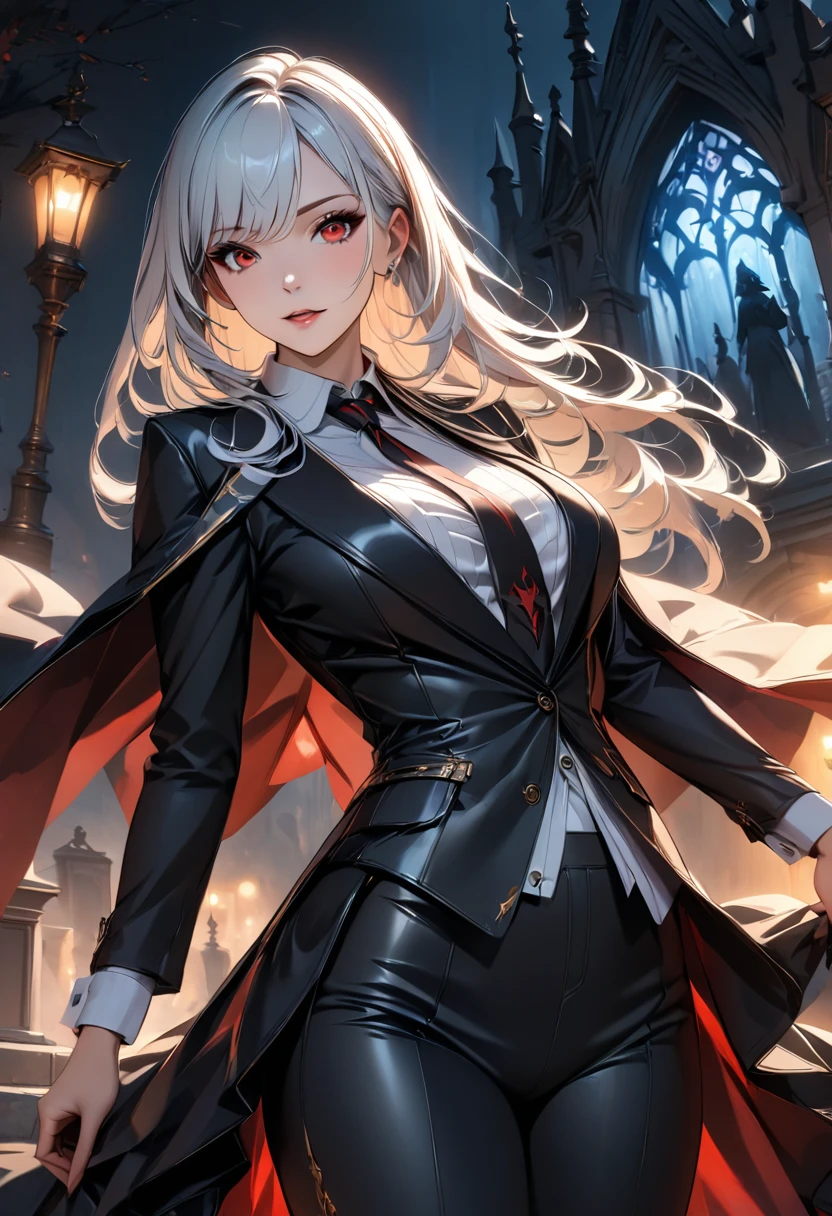 a mature vampire woman with big red eyes, white long hair, beautiful detailed face, in a graveyard, simple pose, attractive figure, shot straight. detailed outfit, white shirt, tight black suit, tie, tight black pants, (best quality,4k,8k,highres,masterpiece:1.2),ultra-detailed,HDR,UHD,studio lighting,ultra-fine painting,sharp focus,extreme detail description,professional,vivid colors,bokeh,dark fantasy,horror,chiaroscuro,dramatic lighting
