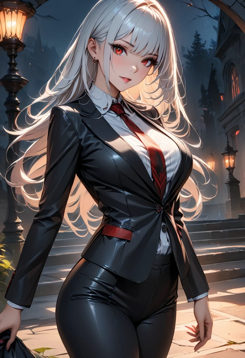 a mature vampire woman with big red eyes, white long hair, beautiful detailed face, in a graveyard, simple pose, attractive figure, shot straight. detailed outfit, white shirt, tight black suit, tie, tight black pants, (best quality,4k,8k,highres,masterpiece:1.2),ultra-detailed,HDR,UHD,studio lighting,ultra-fine painting,sharp focus,extreme detail description,professional,vivid colors,bokeh,dark fantasy,horror,chiaroscuro,dramatic lighting
