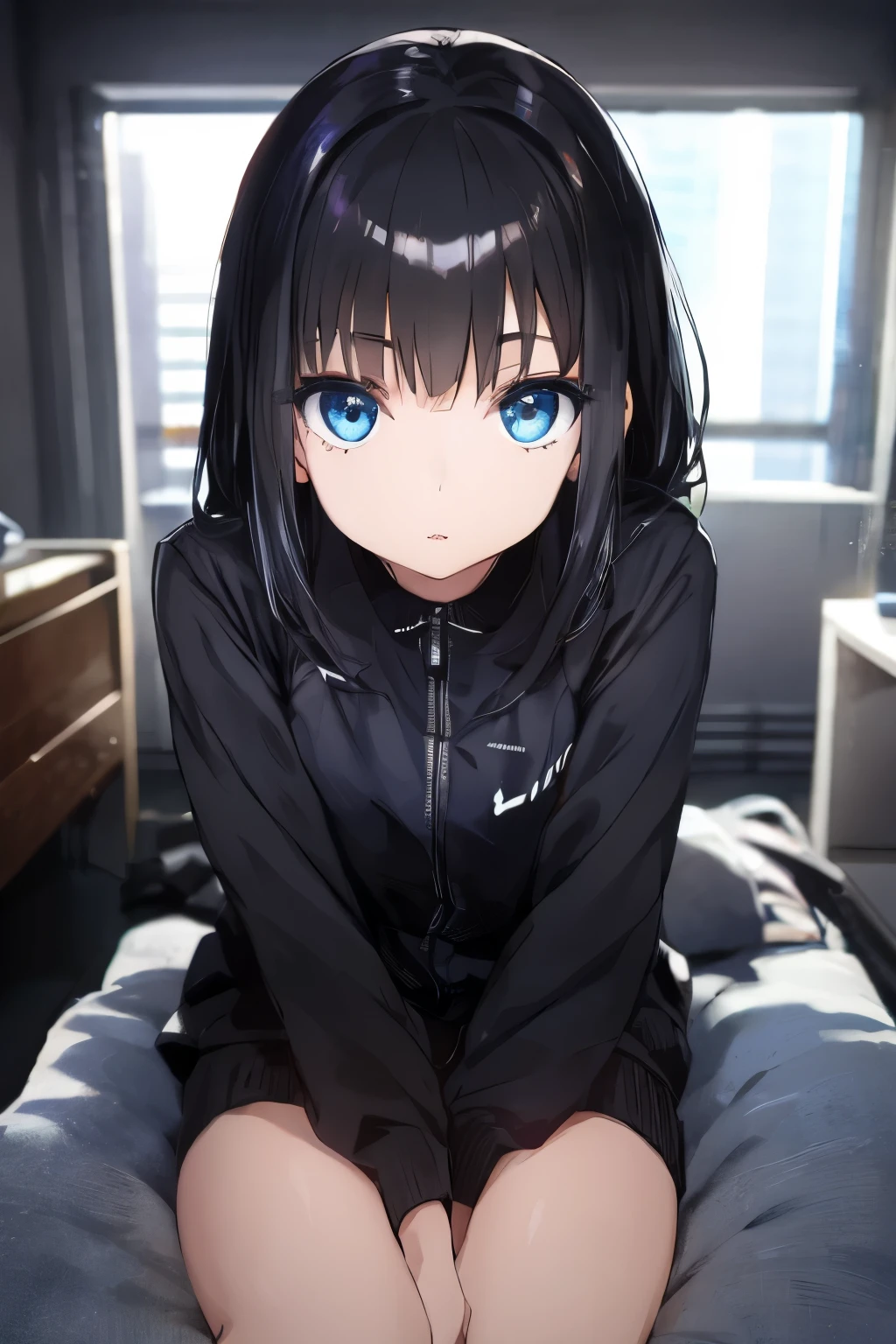 Black-haired girl,  dark black, shiny,  light blue eyes, Killer eyes , , cute little