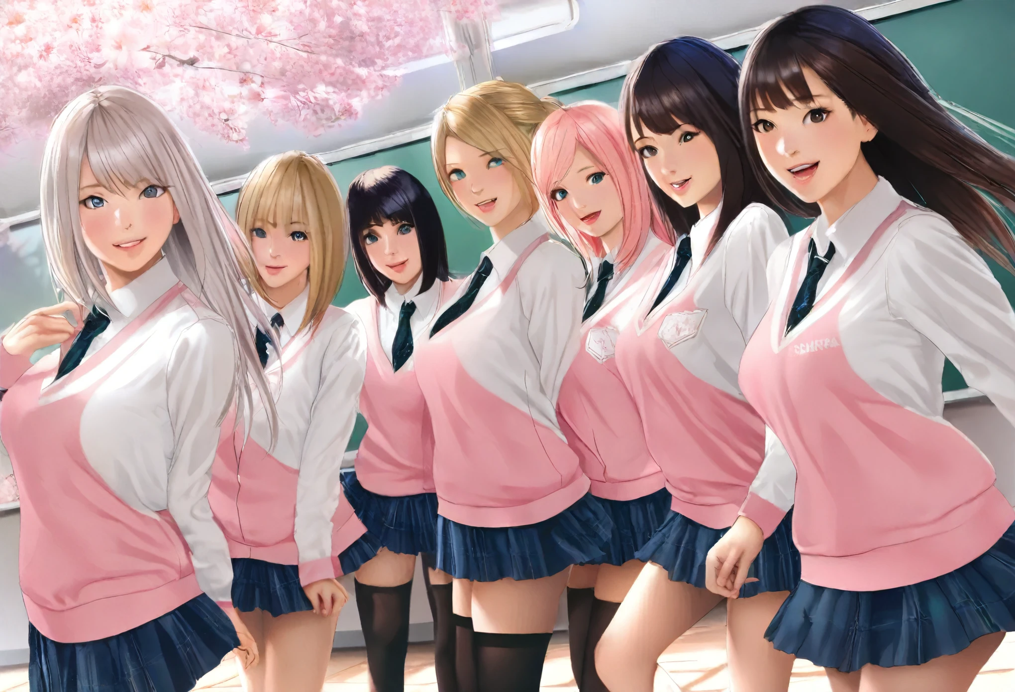 (masterpiece, best quality:1.2), (NSFW:1.0), (photorealistic:1.2), highres, original, extremely detailed wallpaper, digital_art, 5girls, group, standing, school_uniform, short_skirt, thighhighs, black_hair, brown_hair, blonde_hair, pink_hair, silver_hair, green_eyes, blue_eyes, brown_eyes, purple_eyes, happy, (large breasts:0.8), (nsfw:1.5), white_background, school_classroom, natural_light, cherry_blossoms, sakura_petals, cherry_blossom_trees, (blush:0.5), looking_at_viewer, macro_focus, barefoot, ombre_hair,cowboy shot,