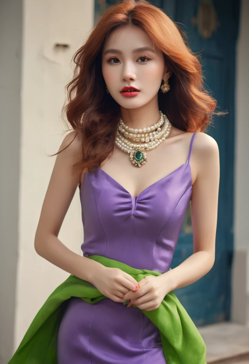 (Best Quality, High resolution:1.2), Ultra-detailed, ((super panavision 70 style, ultra Realistic 3/4 body portrait)), 50´s style, hot girl, scooby doo daphne, pretty detailed face, long red wavy hair, perfect long legs, tiny waist. very large breasts, standing, 70´s purple tight short dress,s,, green scarf around her neck, in a desaturated haunted house background (Depth of field)