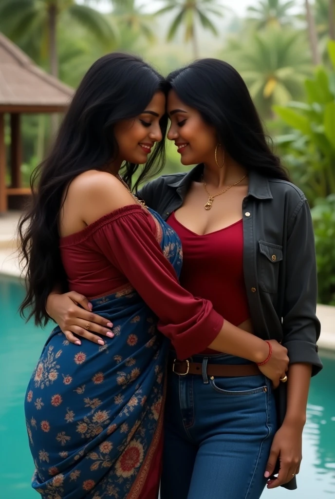 18 years old indian lesbian girl model smooching another 18 years old indian lesbian girl model on lips, hugging each other, black water dripping shorts, topless, short hair, white skin, tight clothes, Indian village, healthy body, largely huge breasts, nsfw, topless, , wet body, water dripping from hair, master piece, photography by arny freytag, photorealistic, detailed face, detailed lips, detailed kiss,