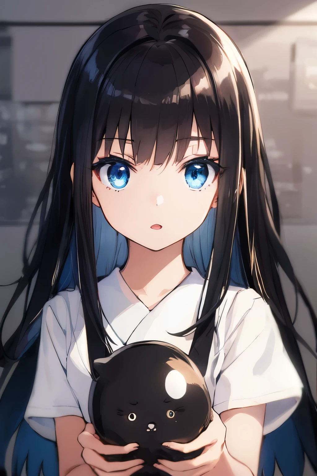 Black-haired girl, Glossy dark black,  light blue eyes, Killer eyes , , cute little